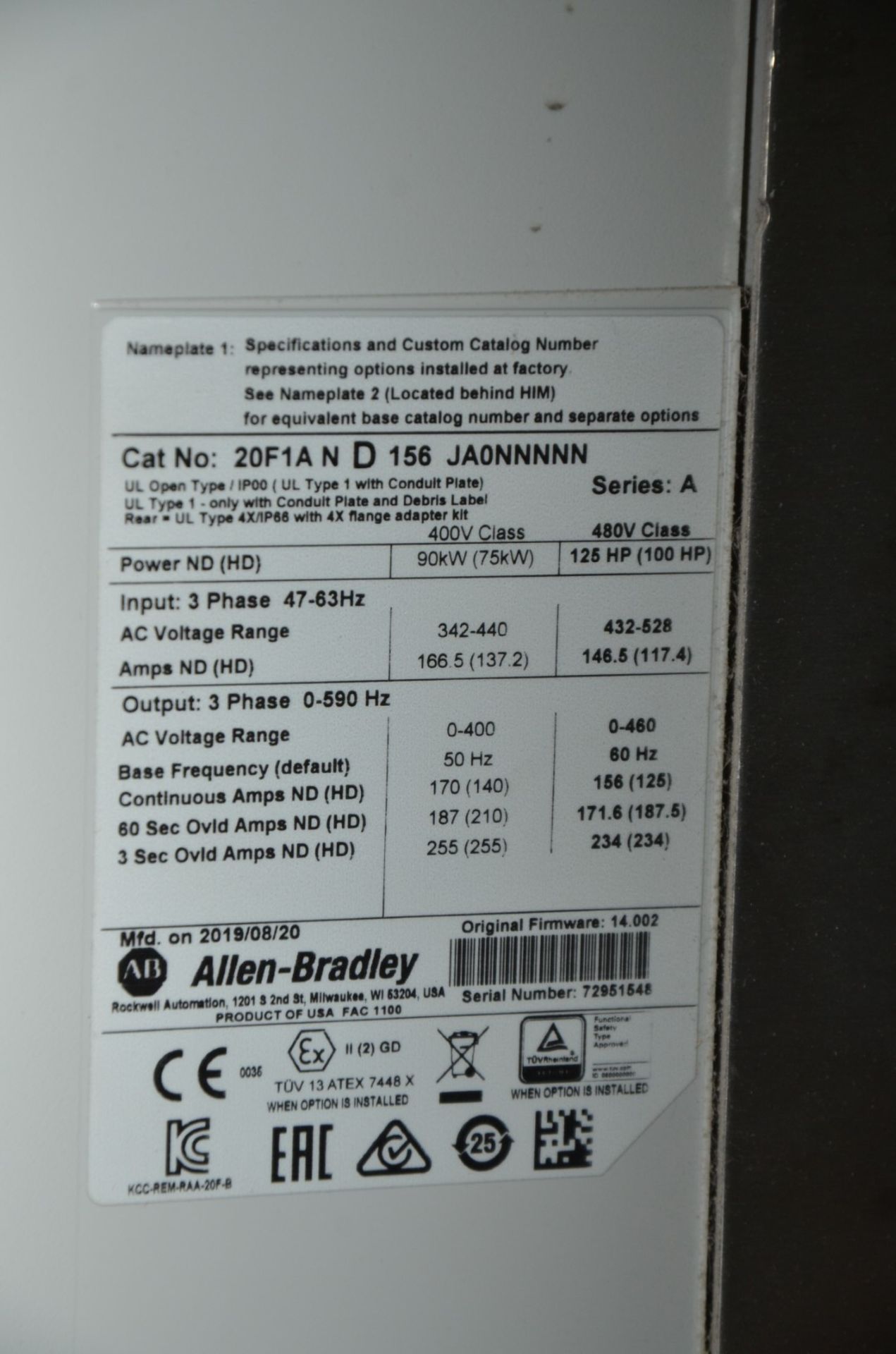 ALLEN BRADLEY (2019) POWERFLEX 753 125 HP VFD S/N 72951548 (CI) [RIGGING FEE FOR LOT #144 - $150 USD - Image 2 of 2