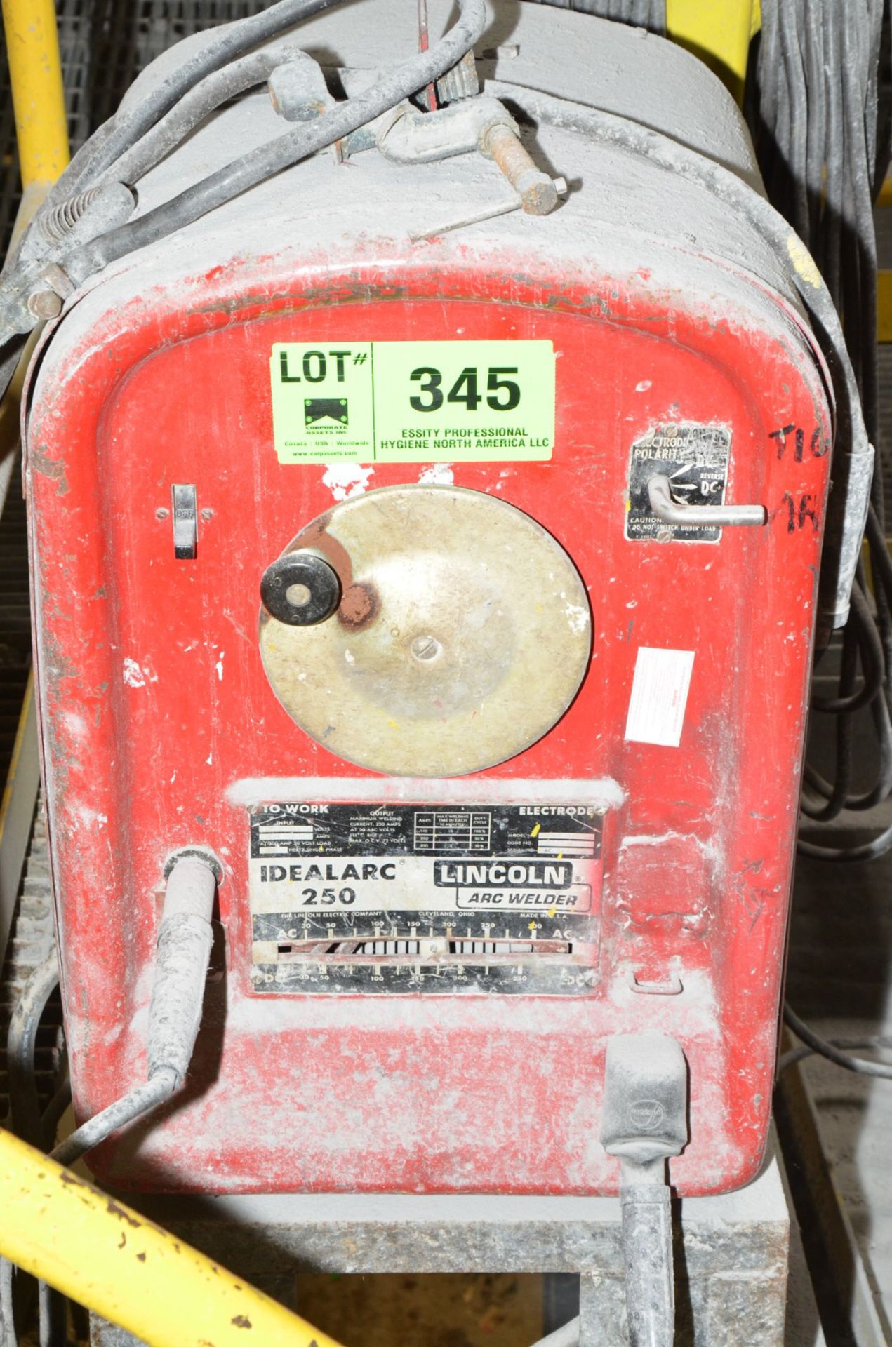 LINCOLN ELECTRIC IDEALARC 250 ARC WELDER WITH CABLES AND GUN, S/N N/A (CI) [RIGGING FEE FOR LOT #345