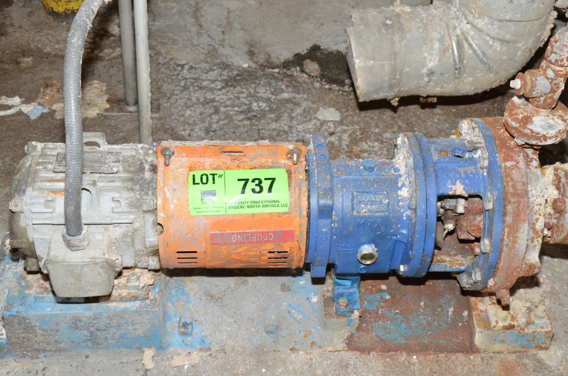 GOULDS CENTRIFUGAL PUMP WITH 2 HP DRIVE MOTOR, S/N N/A (CI) [RIGGING FEE FOR LOT #737 - $150 USD