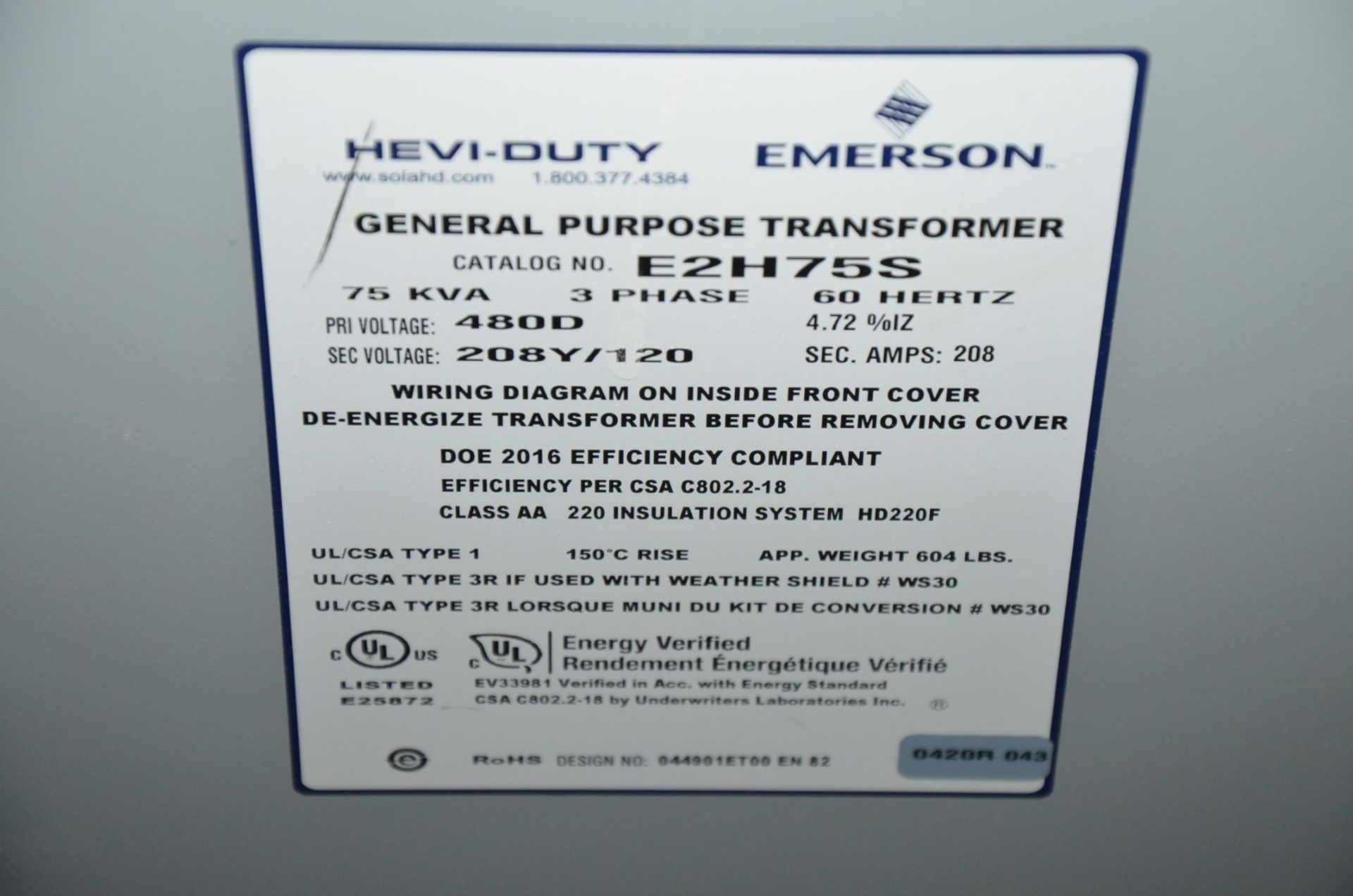 EMERSON 75KVA/480-208-120V/3PH/60HZ TRANSFORMER (CI) [RIGGING FEE FOR LOT #174 - $75 USD PLUS - Image 2 of 2