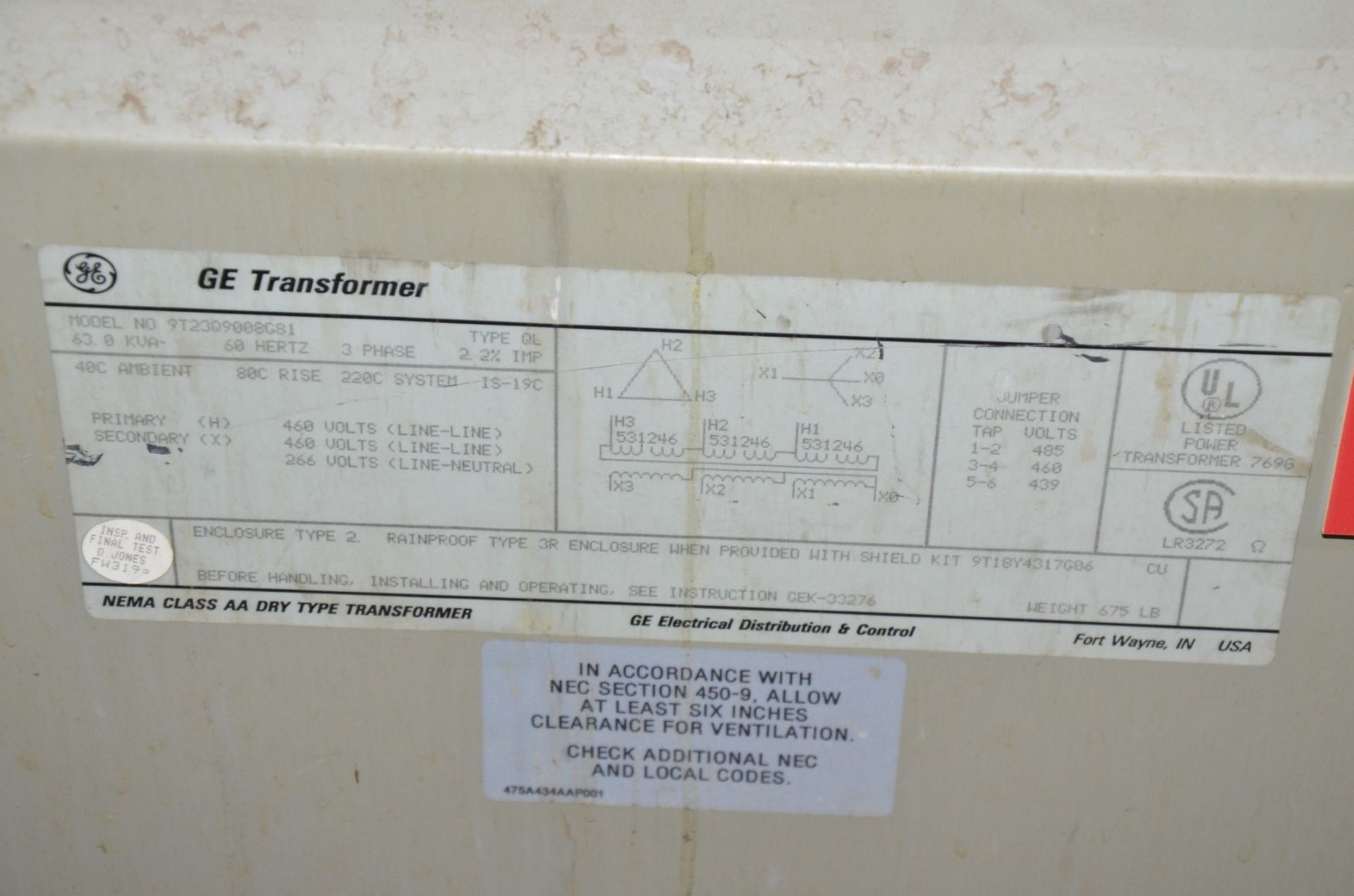 GE 63KVA/460-266V/3PH/60HZ TRANSFORMER (CI) [RIGGING FEE FOR LOT #711 - $200 USD PLUS APPLICABLE - Image 3 of 3