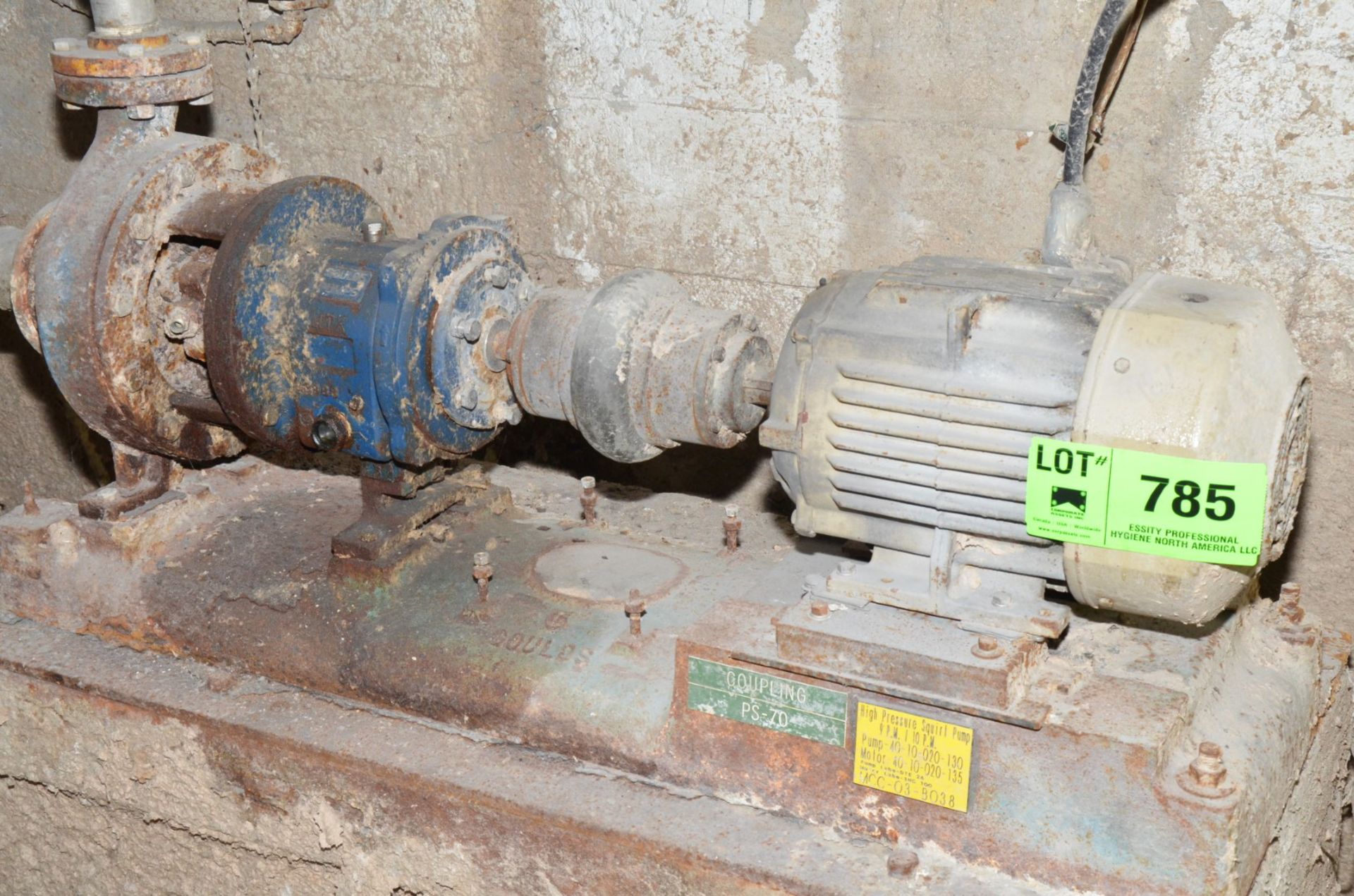 GOULDS CENTRIFUGAL PUMP WITH 7.5 HP DRIVE MOTOR, S/N N/A (CI) [RIGGING FEE FOR LOT #785 - $450 USD