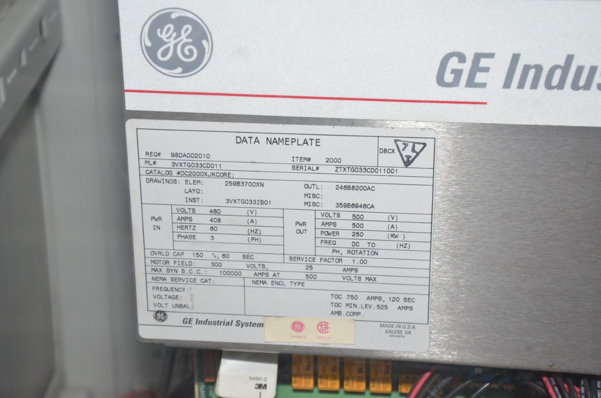GENERAL ELECTRIC 3VXTG033CD011 250 KW ADJUSTABLE SPEED DRIVE, S/N ZTXTG033CD011001 (CI) [RIGGING FEE - Image 2 of 2