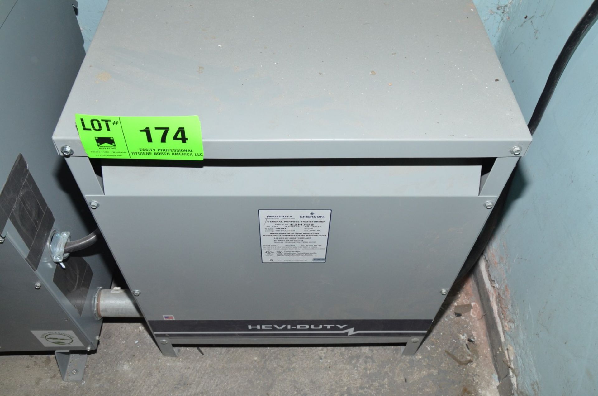 EMERSON 75KVA/480-208-120V/3PH/60HZ TRANSFORMER (CI) [RIGGING FEE FOR LOT #174 - $75 USD PLUS