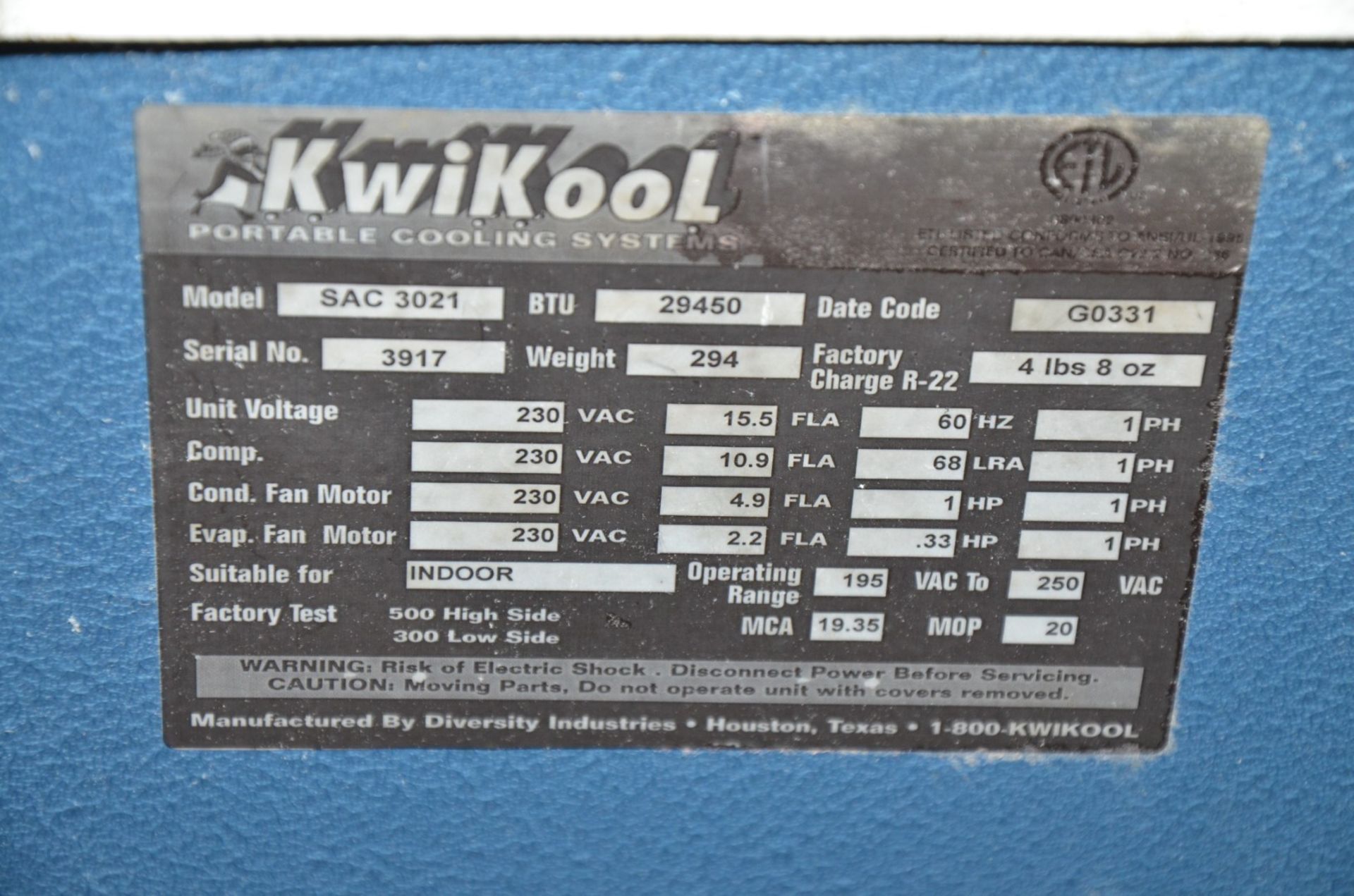 KWIKOOL SAC 3021 PORTABLE HEAVY DUTY AIR CONDITIONER WITH 29,450 BTU CAPACITY, S/N 3917 (CI) [ - Image 3 of 3