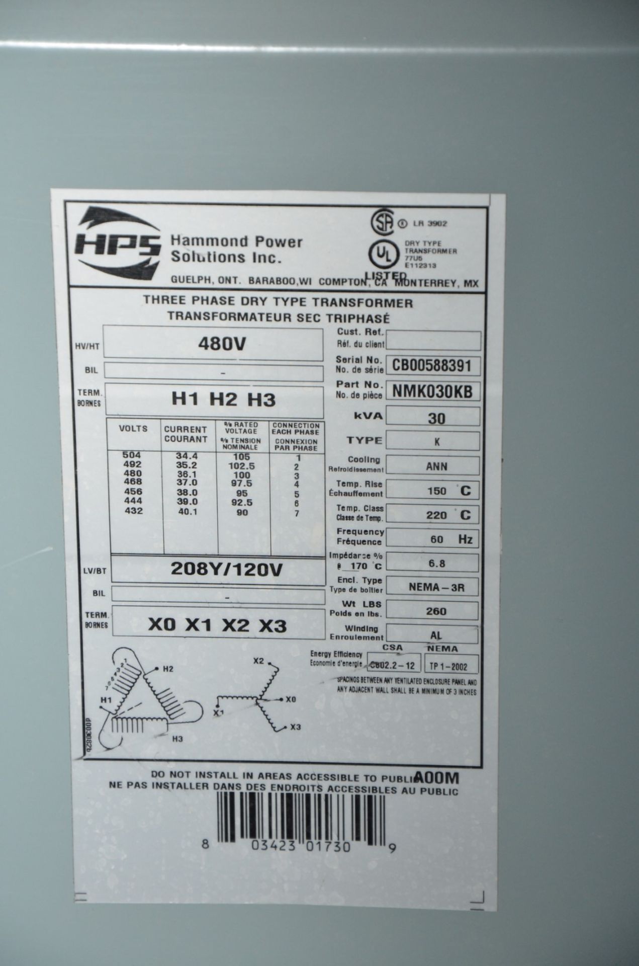 HPS 30KVA/480-208-120V/3PH/60HZ TRANSFORMER (CI) [RIGGING FEE FOR LOT #128 - $100 USD PLUS - Image 2 of 2