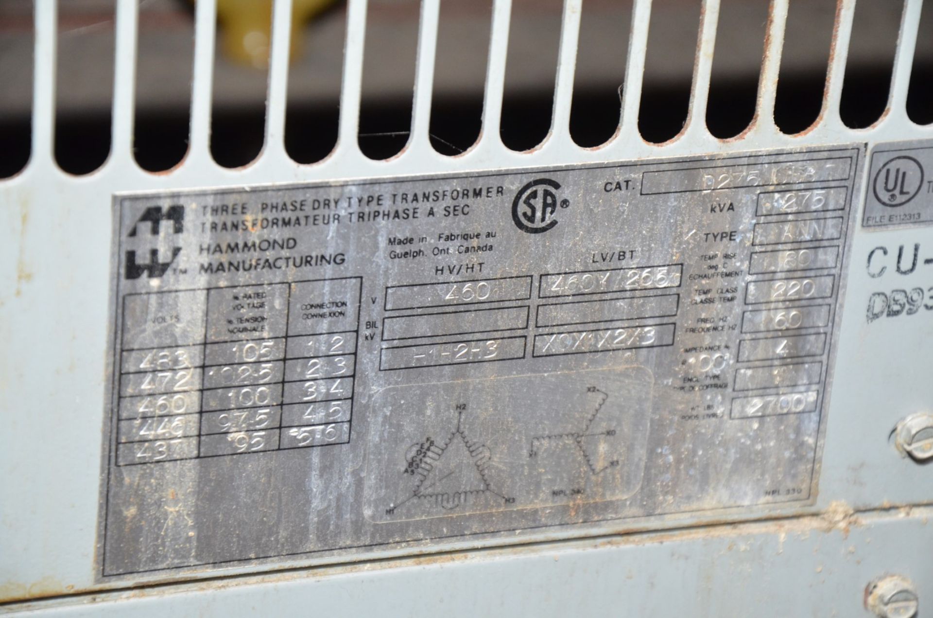 HAMMOND 250KVA/460-263V/3PH/60HZ TRANSFORMER (CI) [RIGGING FEE FOR LOT #710 - $250 USD PLUS - Image 3 of 3