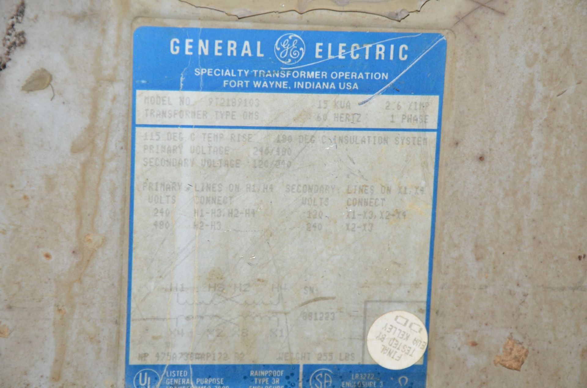 GE 15KVA/480-120V/1PH/60HZ TRANSFORMER (CI) [RIGGING FEE FOR LOT #747 - $150 USD PLUS APPLICABLE - Image 2 of 2
