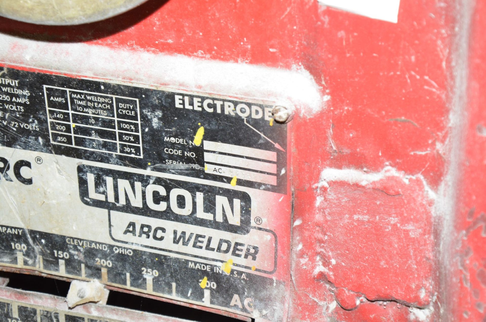 LINCOLN ELECTRIC IDEALARC 250 ARC WELDER WITH CABLES AND GUN, S/N N/A (CI) [RIGGING FEE FOR LOT #345 - Image 2 of 2