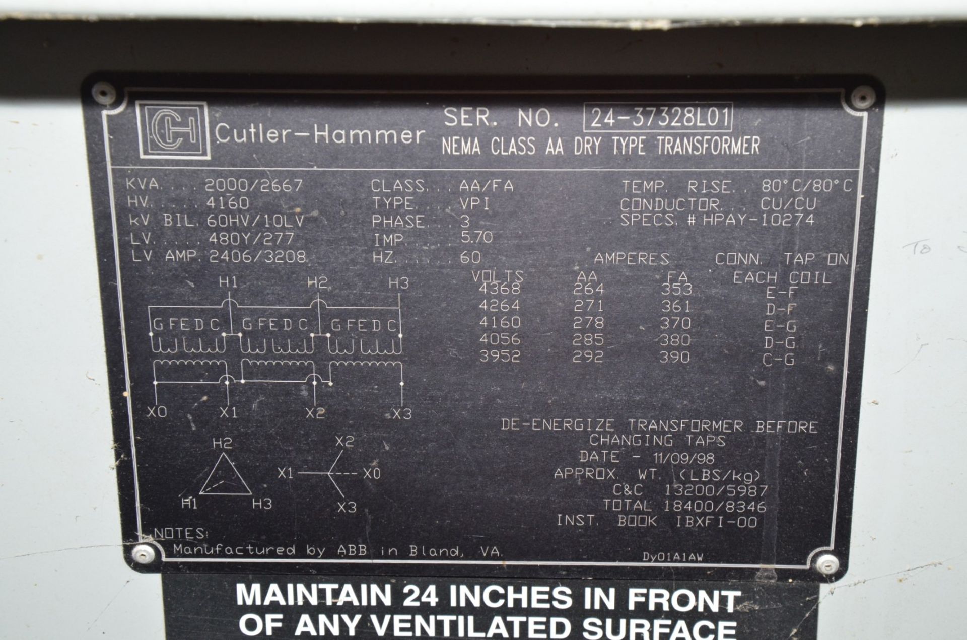 CUTLER HAMMER 2000-2667KVA/4160-480-277V/3PH/60HZ DRY TYPE TRANSFORMER, S/N 24-37328L01 (CI) [ - Image 3 of 3