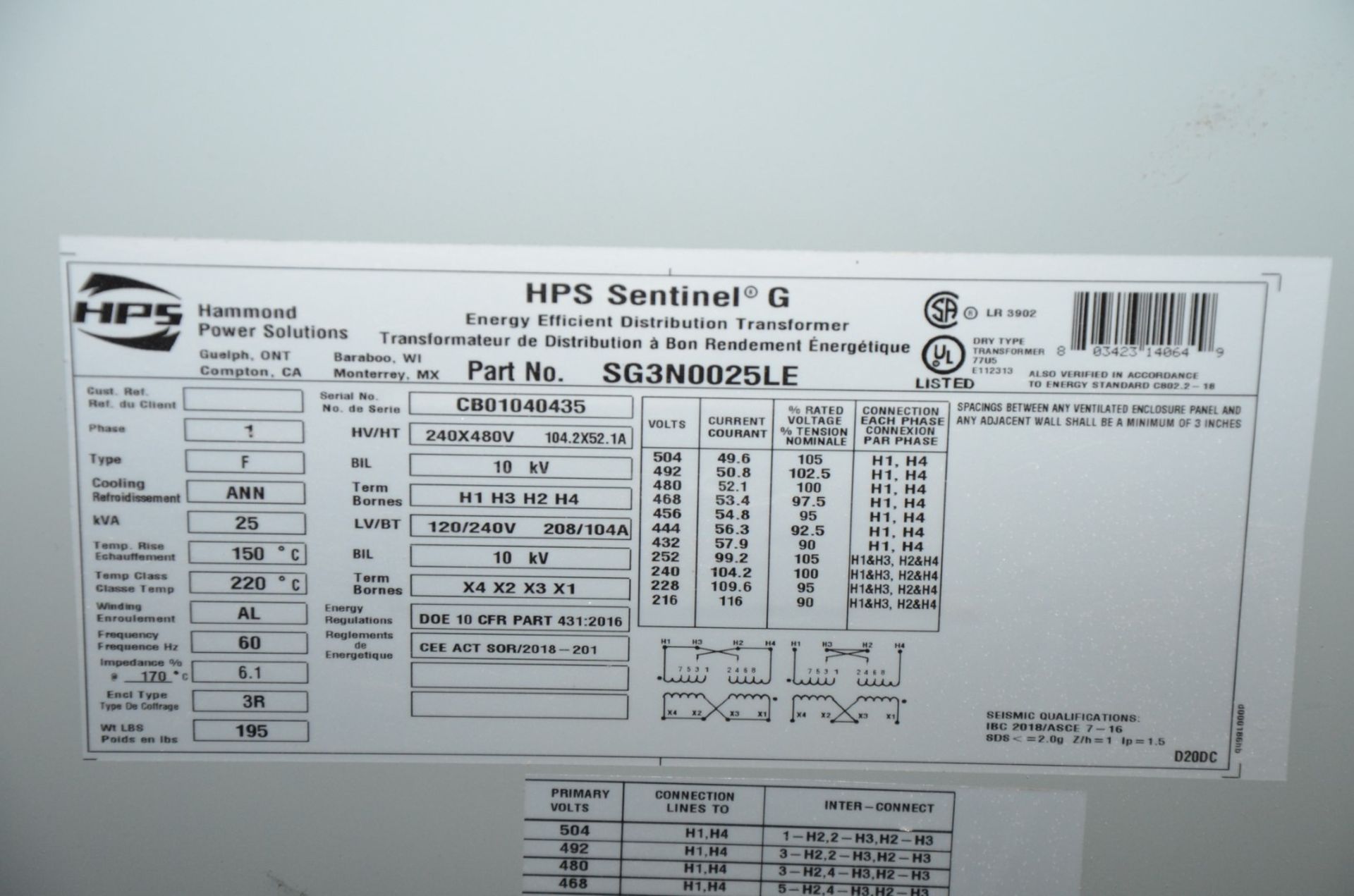 HPS 25KVA/480-240-120V/3PH/60HZ TRANSFORMER (CI) [RIGGING FEE FOR LOT #140 - $100 USD PLUS - Image 2 of 2