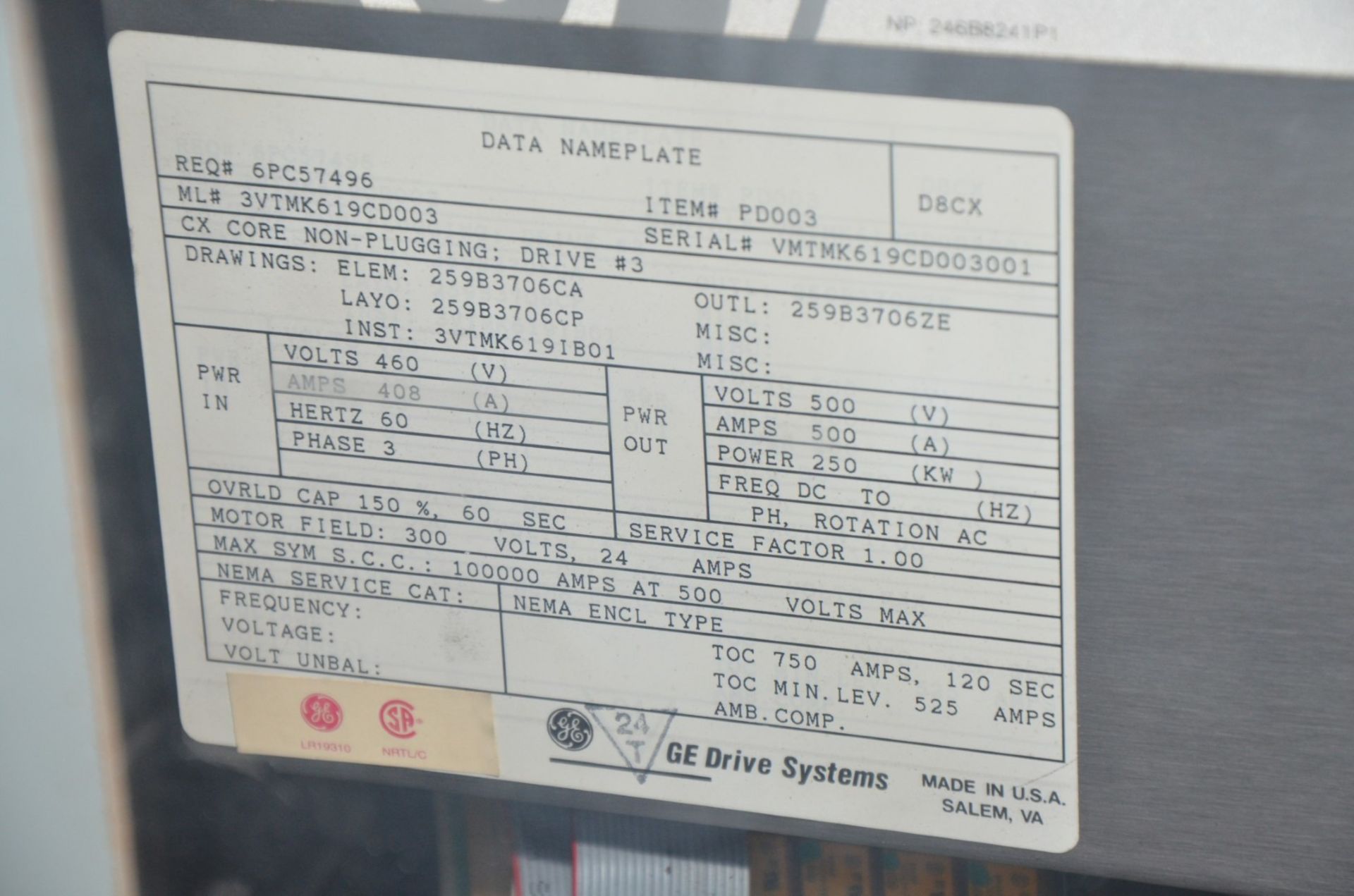 GENERAL ELECTRIC 3VTMK619CD003 250 KW ADJUSTABLE SPEED DRIVE, S/N VMTMK619CD003001 (CI) [RIGGING FEE - Image 2 of 2