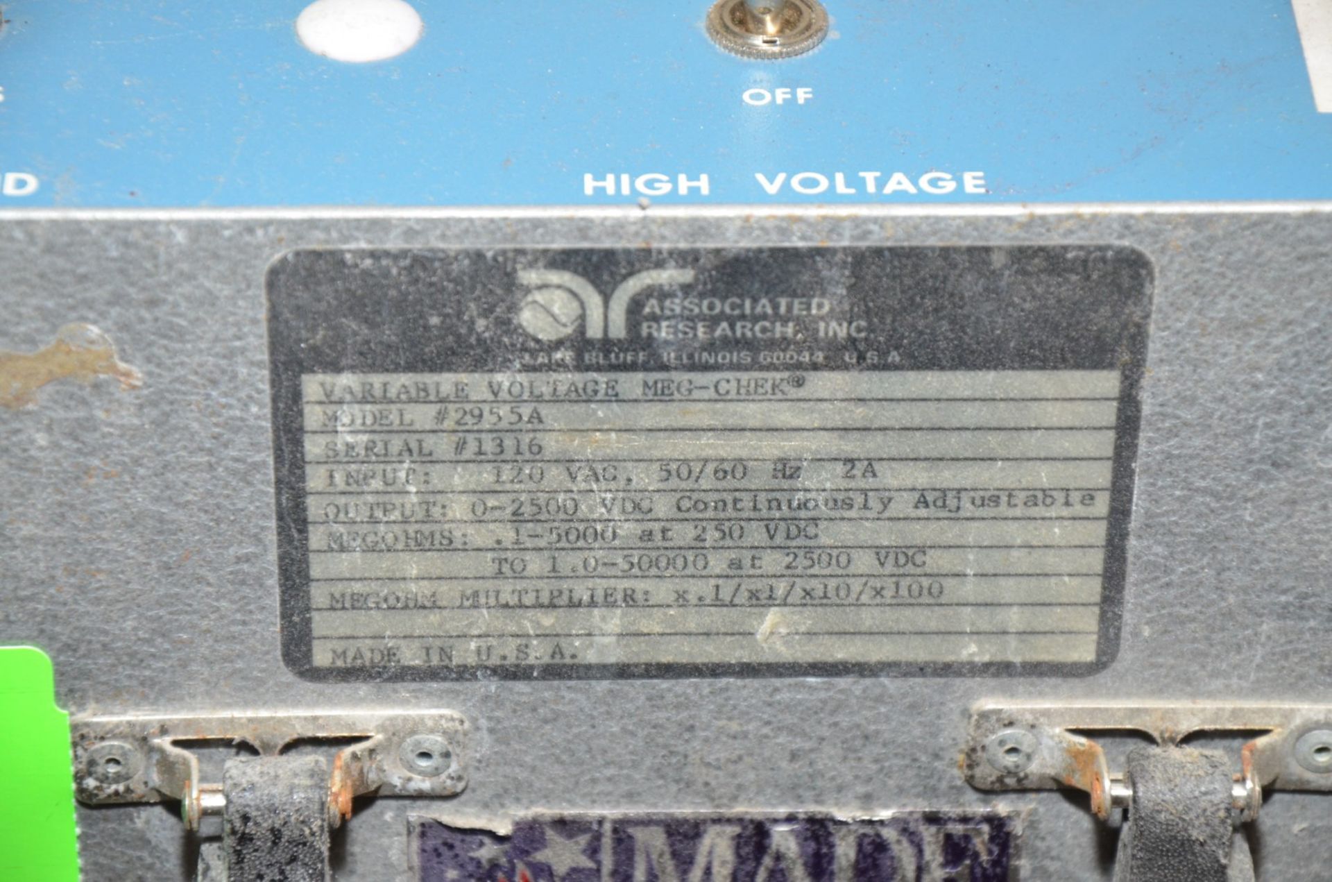 ASSOCIATED RESEARCH VARIABLE VOLTAGE MEG-CHECK TESTER, S/N N/A [RIGGING FEE FOR LOT #704 - $25 USD - Image 2 of 2