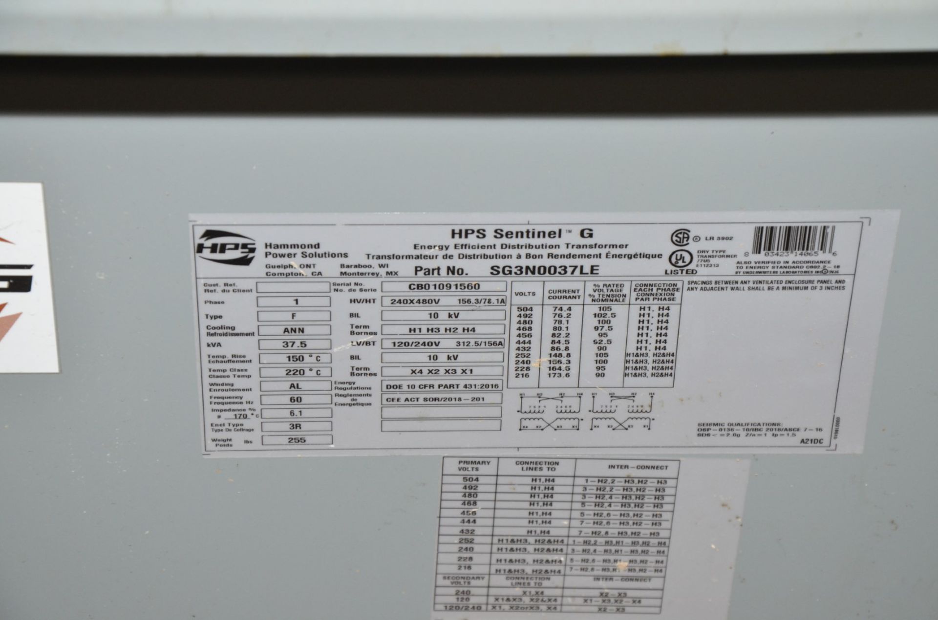 HPS 37.5KVA/480-240-120V/3PH/60HZ TRANSFORMER (CI) [RIGGING FEE FOR LOT #758 - $200 USD PLUS - Image 2 of 2