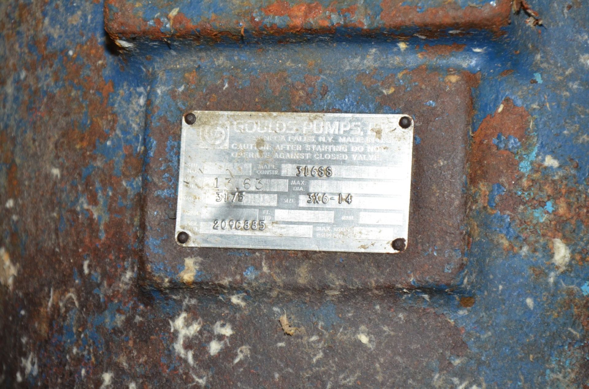 GOULDS 3175 3X6-14 CENTRIFUGAL PUMP WITH 50 HP DRIVE MOTOR, S/N 209C885 (CI) [RIGGING FEE FOR LOT # - Image 2 of 3