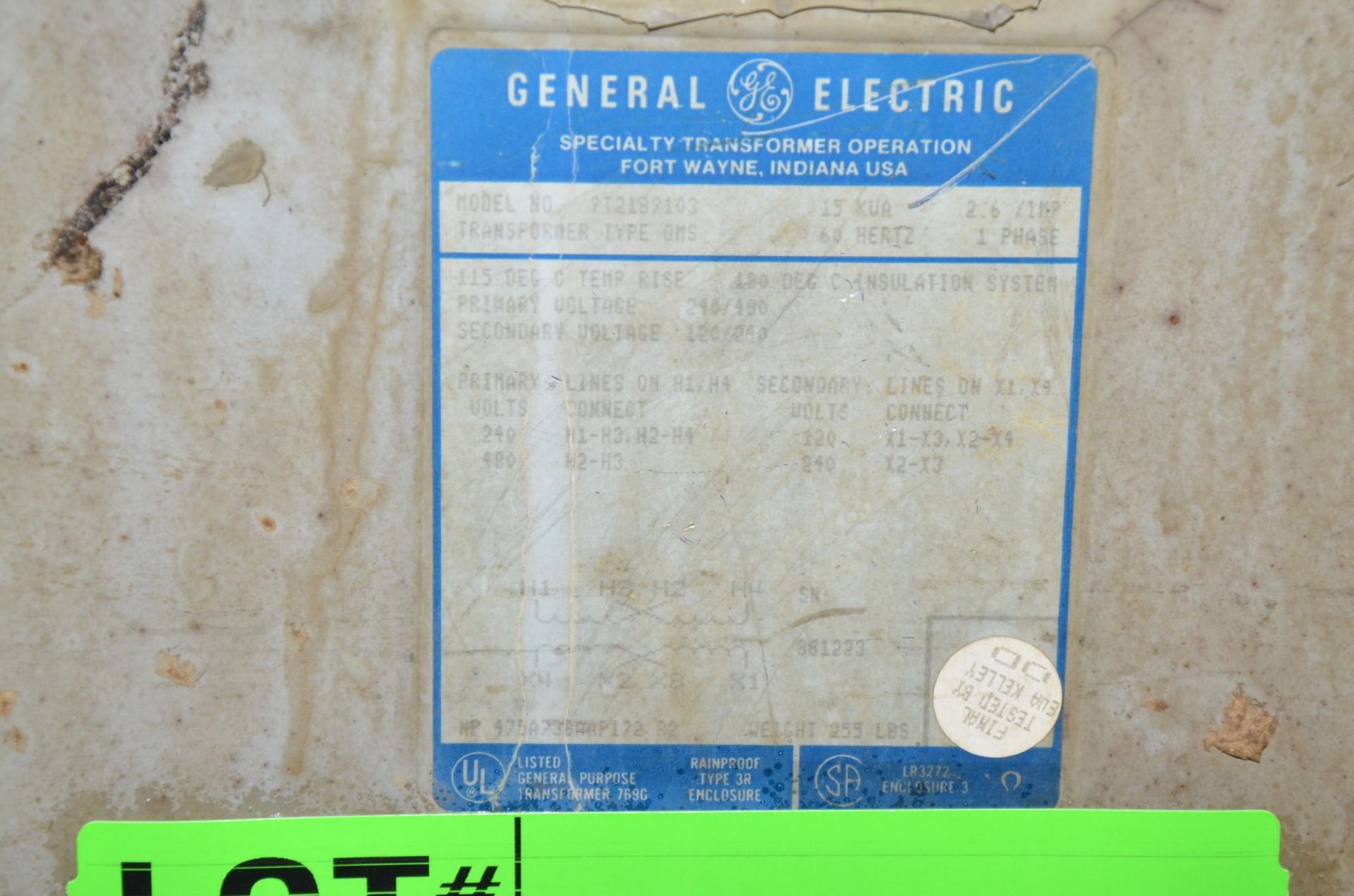 GE 15KVA/480-120V/1PH/60HZ TRANSFORMER (CI) [RIGGING FEE FOR LOT #746 - $150 USD PLUS APPLICABLE - Image 2 of 2