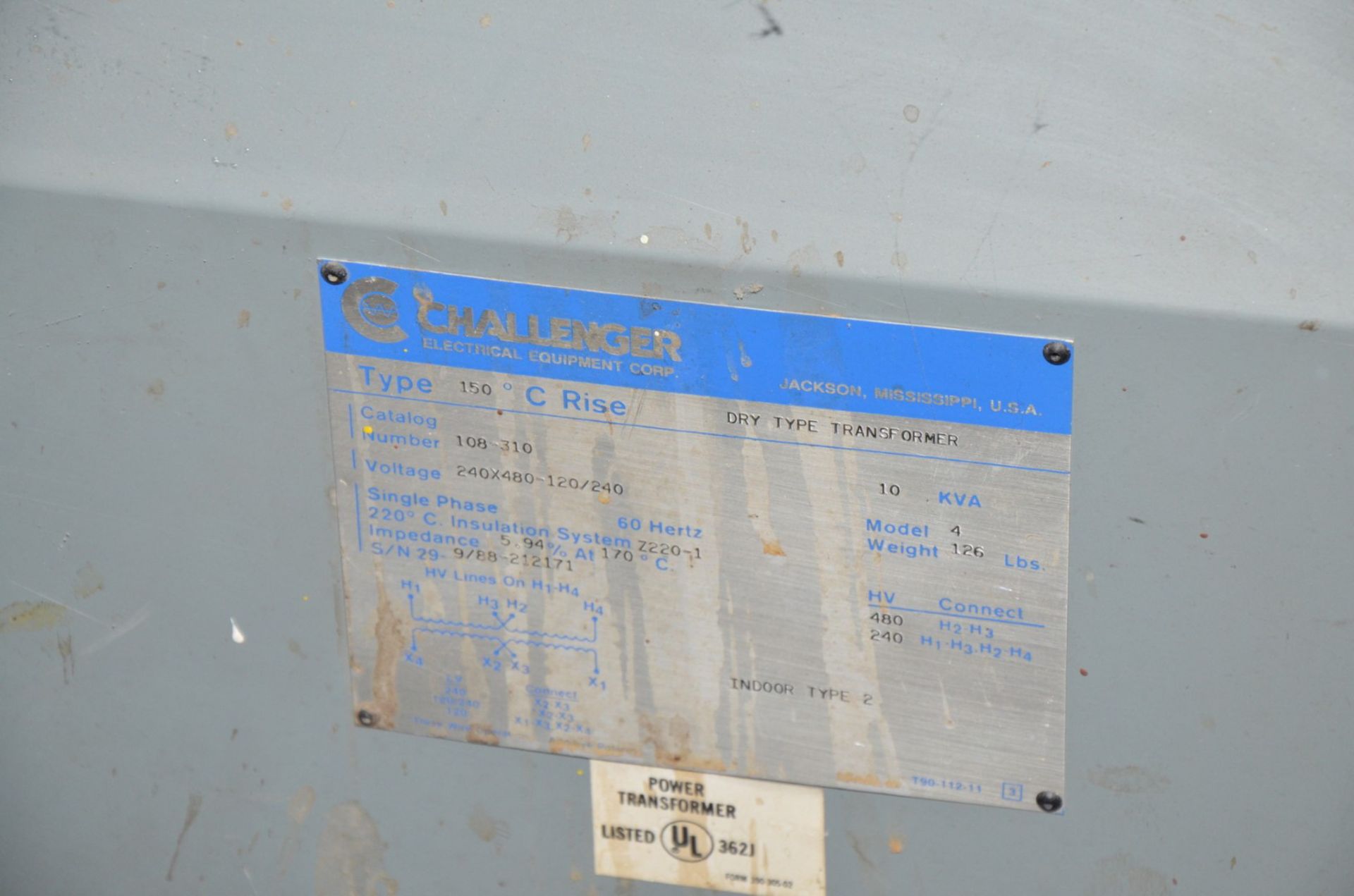 CHALLENGER 10KVA/480-240V/1PH/60HZ TRANSFORMER (CI) [RIGGING FEE FOR LOT #698 - $50 USD PLUS - Image 2 of 2