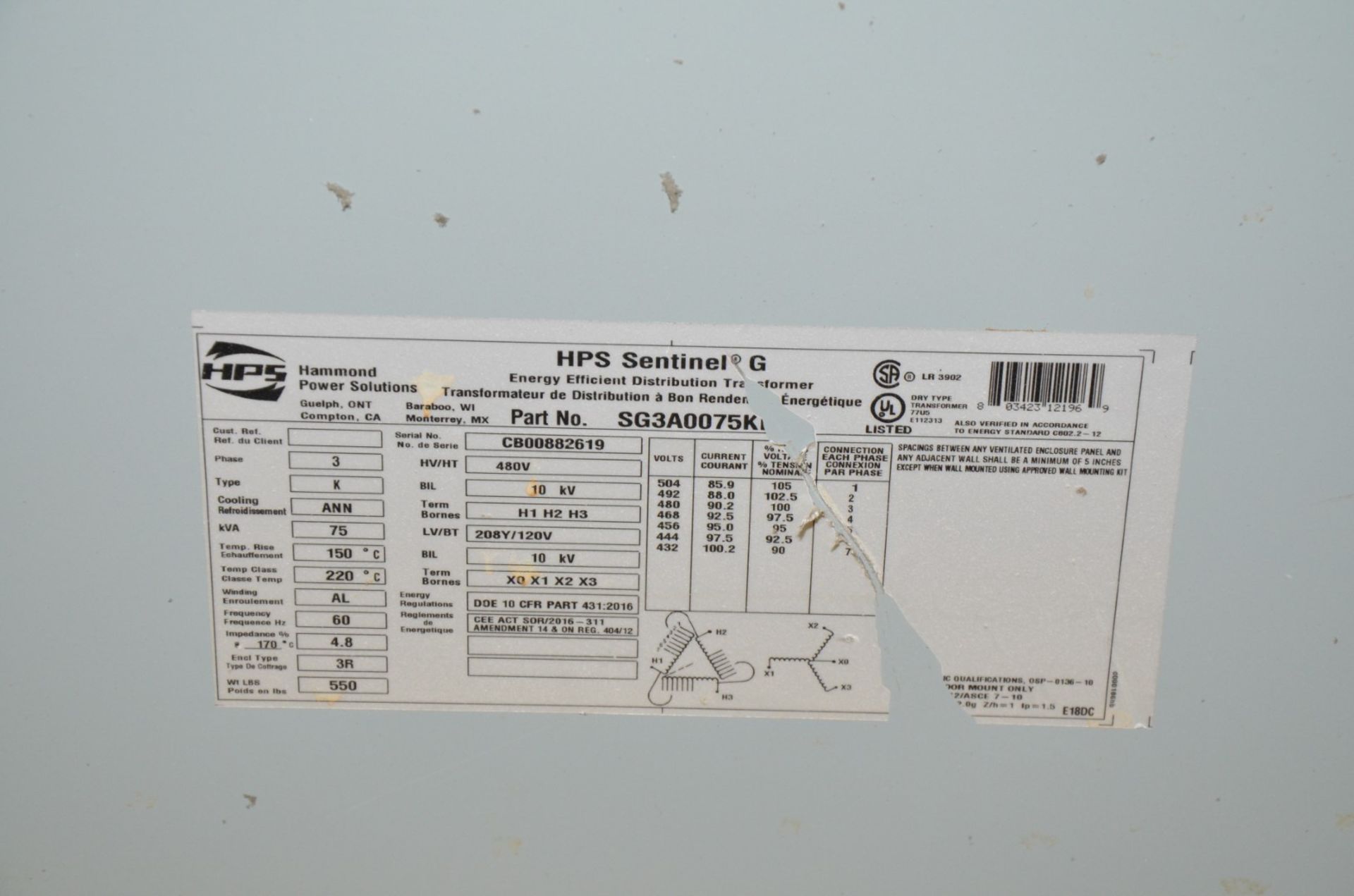 HPS 75KVA/480-208-120V/3PH/60HZ TRANSFORMER (CI) [RIGGING FEE FOR LOT #817 - $100 USD PLUS - Image 2 of 2