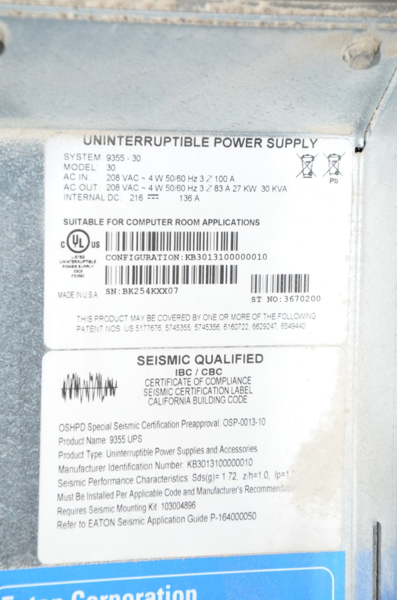 EATON 9355-30 30 KVA HEAVY DUTY UNINTERRUPTIBLE POWER SUPPLY, S/N BK254KXX07 (CI) [RIGGING FEE FOR - Image 2 of 2