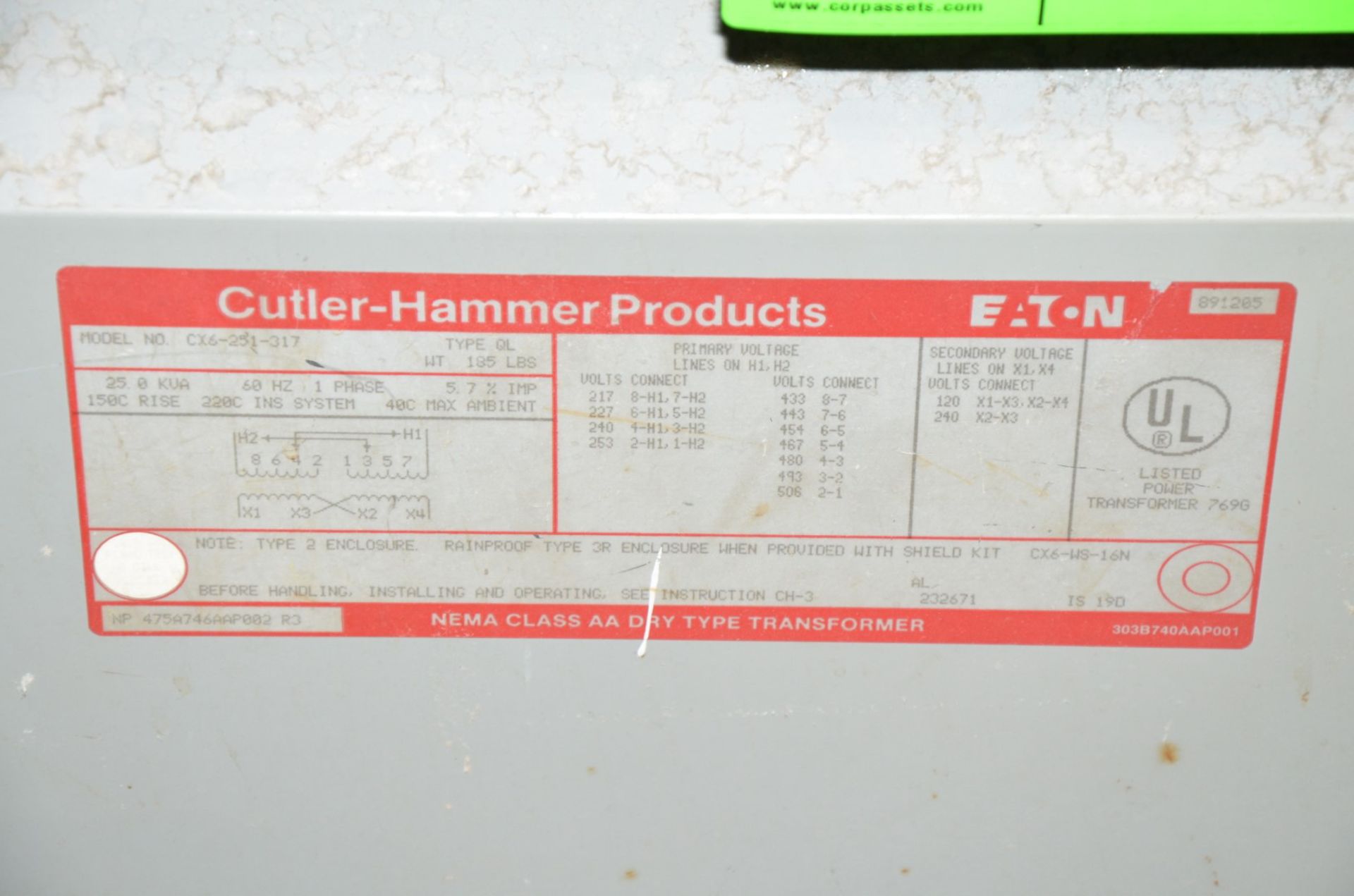 CUTLER HAMMER 25KVA/480-208-120V/1PH/60HZ TRANSFORMER (CI) [RIGGING FEE FOR LOT #629 - $100 USD PLUS - Image 2 of 2