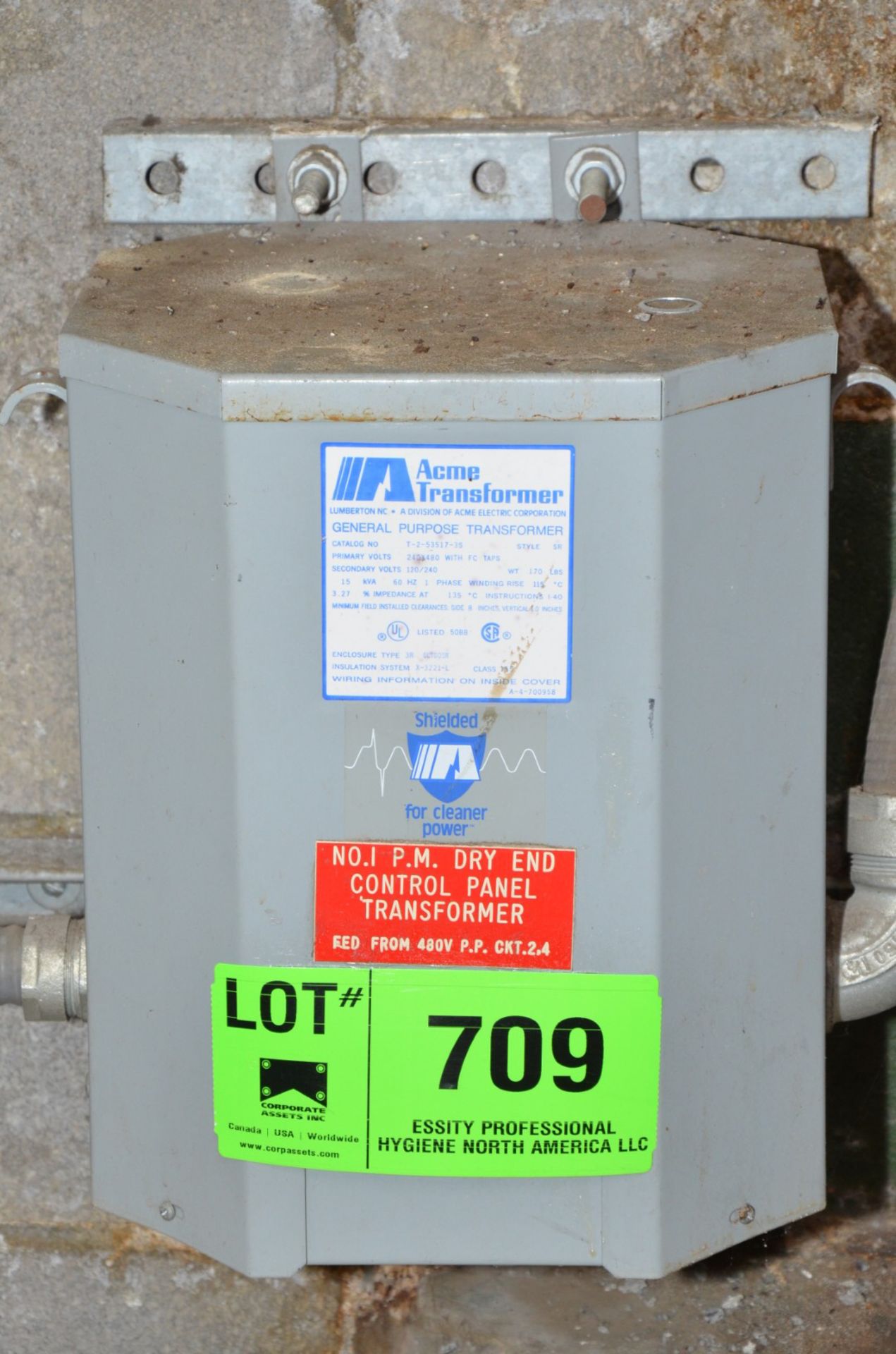 ACME 15KVA/480-240-120V/1PH/60HZ TRANSFORMER (CI) [RIGGING FEE FOR LOT #709 - $100 USD PLUS