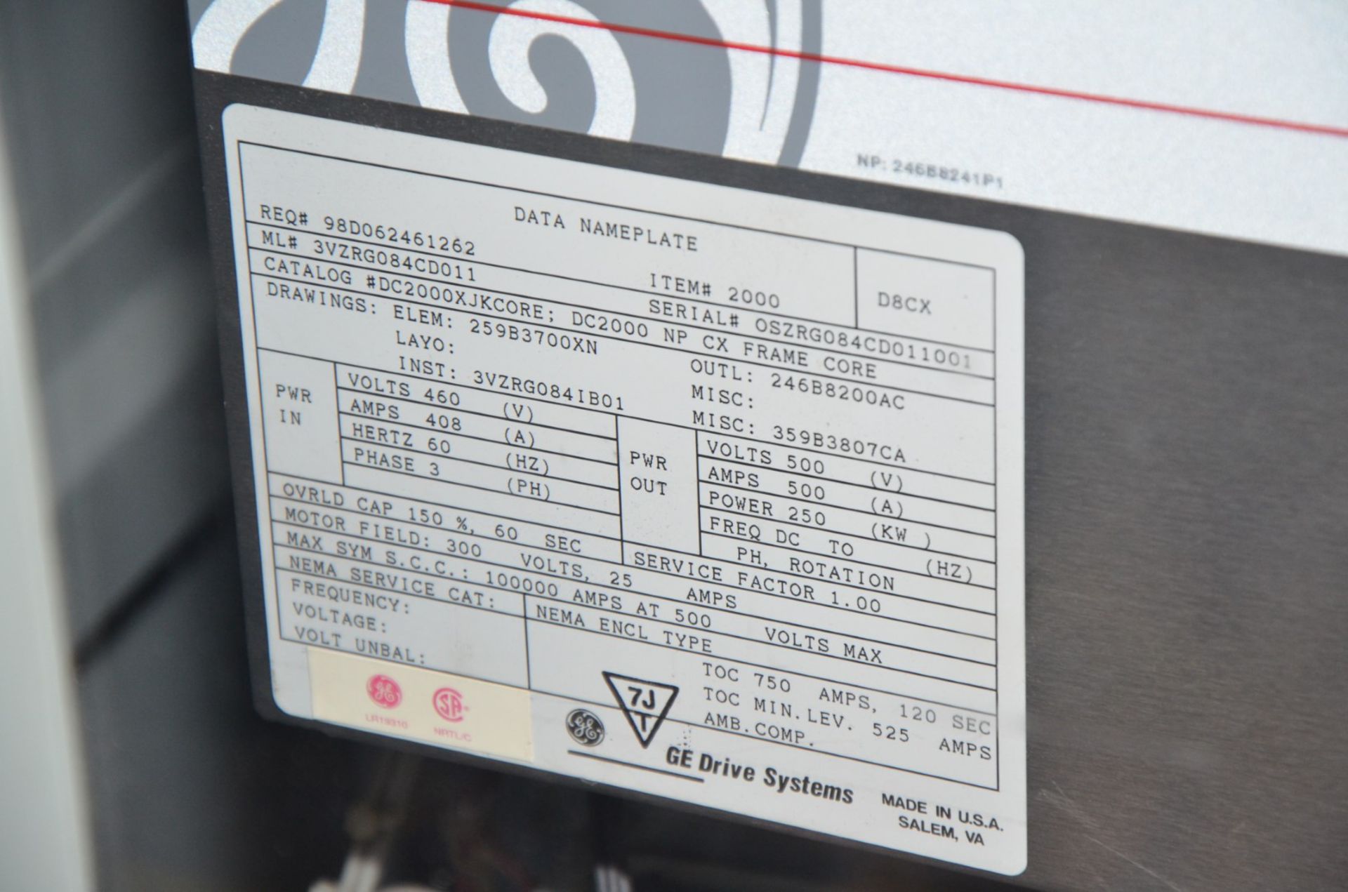 GENERAL ELECTRIC 3VZRG084CD011 250 KW ADJUSTABLE SPEED DRIVE, S/N OSZRG084CD011001 (CI) [RIGGING FEE - Image 2 of 2