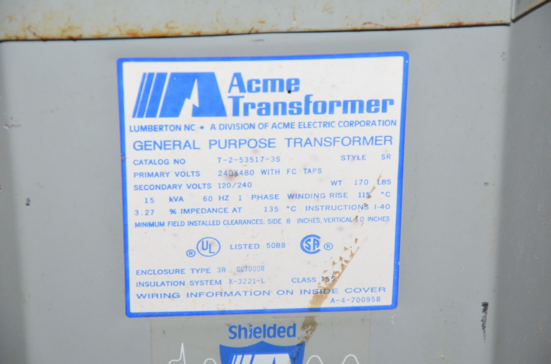 ACME 15KVA/480-240-120V/1PH/60HZ TRANSFORMER (CI) [RIGGING FEE FOR LOT #709 - $100 USD PLUS - Image 2 of 2