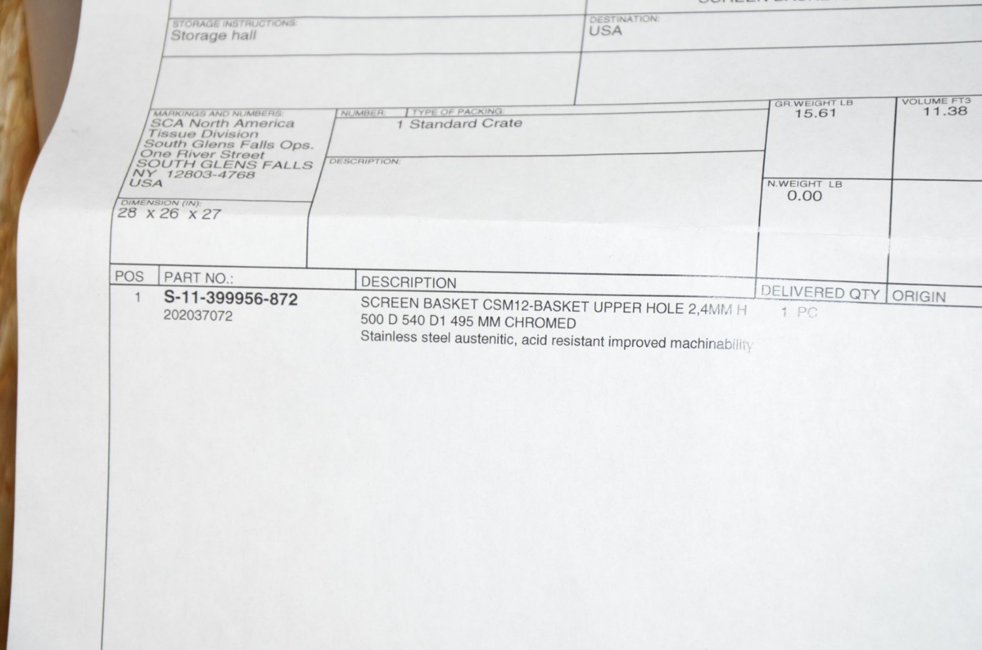 VOITH CSM 12 COMBISORTER SPARE SCREEN BASKET 2.4 MM HOLE [RIGGING FEE FOR LOT #230C - $25 USD PLUS - Image 2 of 3