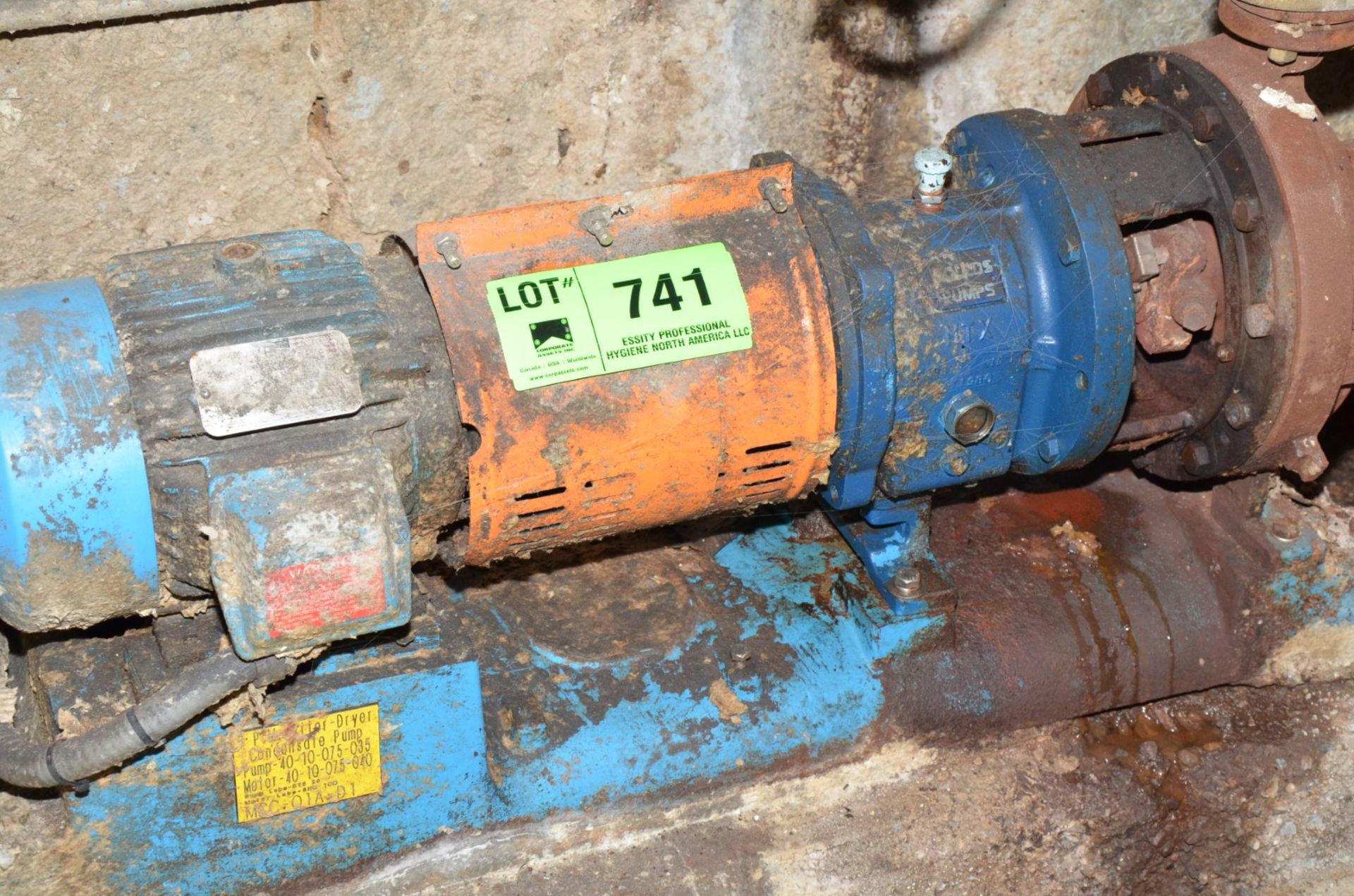 GOULDS CENTRIFUGAL PUMP WITH 5 HP DRIVE MOTOR, S/N N/A (CI) [RIGGING FEE FOR LOT #741 - $400 USD