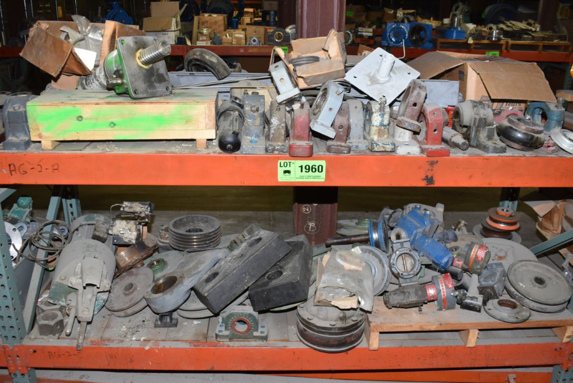 LOT/ CONTENTS OF BUNK - INCLUDING SPARE MOTOR, PILLOW BLOCKS, PULLEYS, ACTUATED VALVES, SPARE PARTS