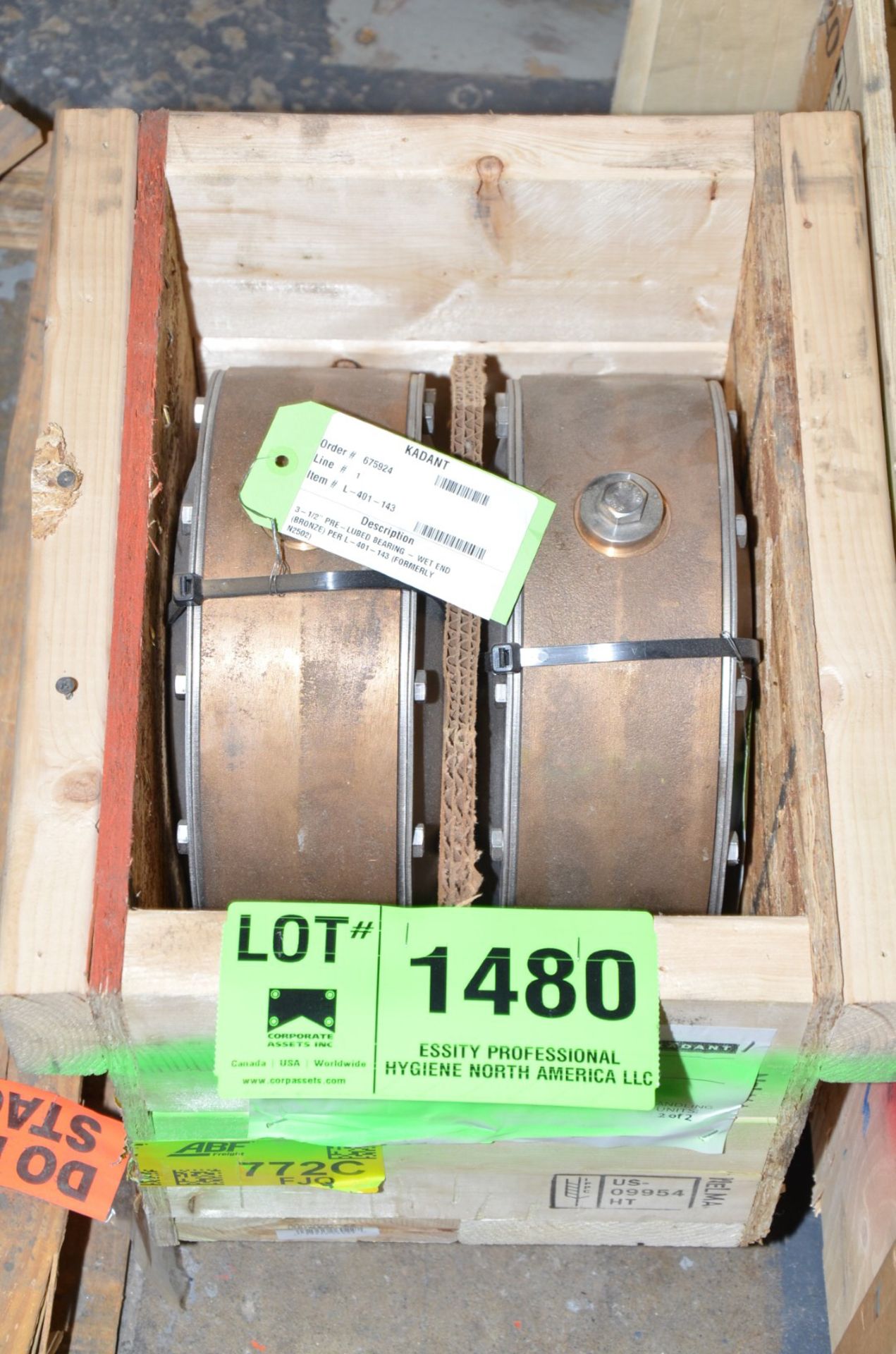 KADANT L-401-143 3.5" PRE LUBED BEARINGS SET [RIGGING FEE FOR LOT #1480 - $25 USD PLUS APPLICABLE