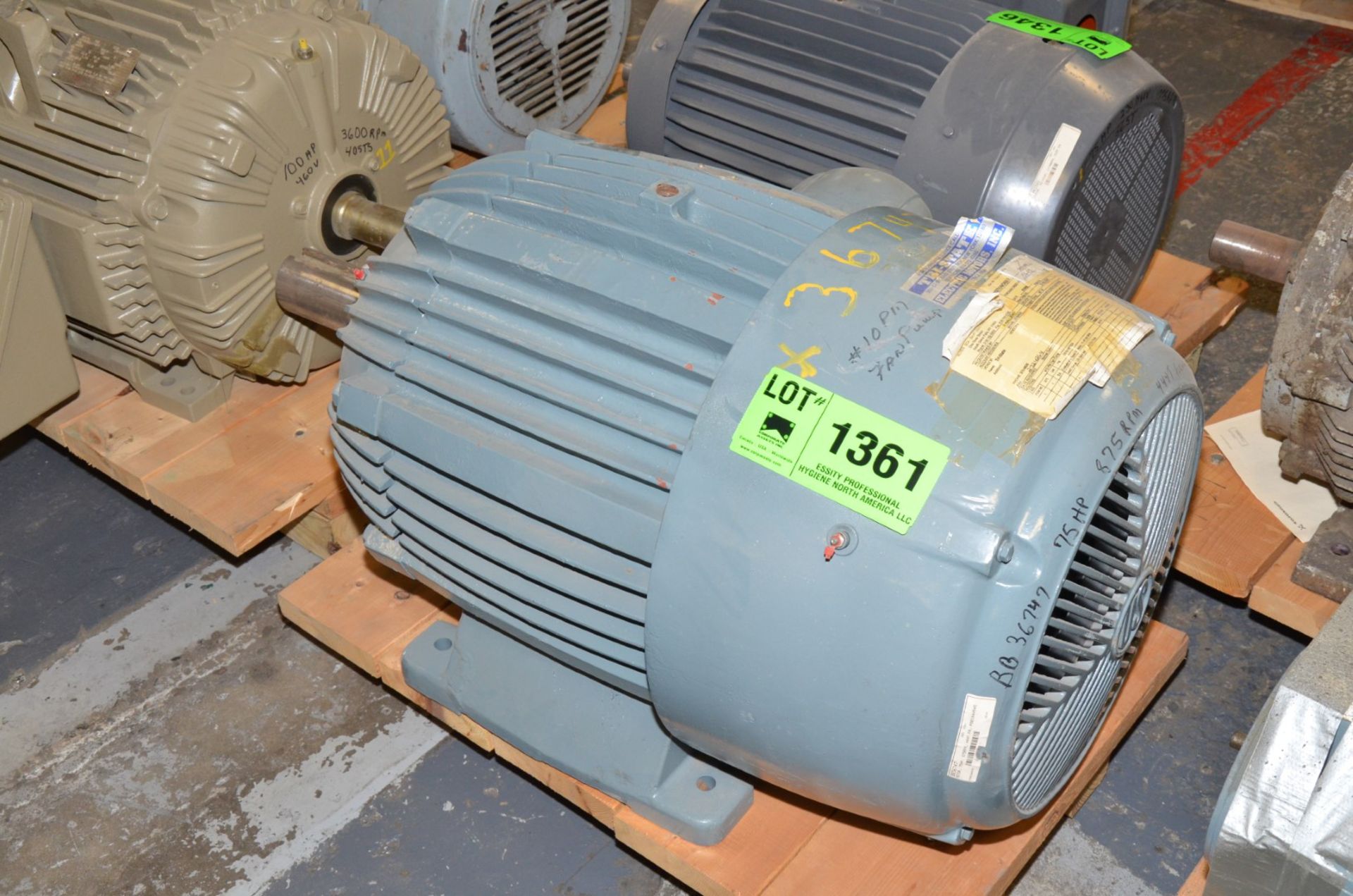 US ELECTRIC 75 HP 875 RPM 460V ELECTRIC MOTOR [RIGGING FEE FOR LOT #1361 - $25 USD PLUS APPLICABLE - Image 2 of 3
