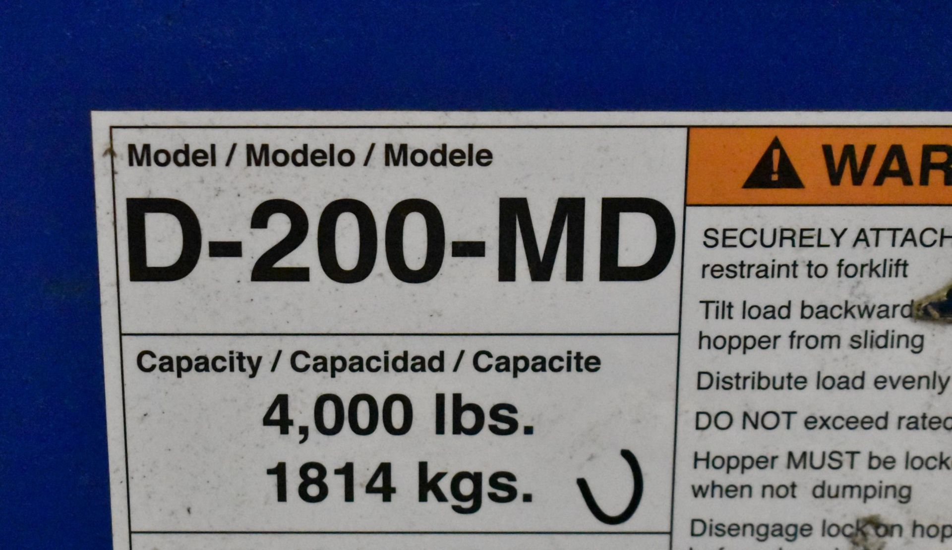 D-200-MD 4,000 LB. CAPACITY SELF DUMPING HOPPER [RIGGING FEES FOR LOT #2239 - $25 USD PLUS - Image 4 of 4