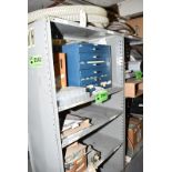 LOT/ CONTENTS OF SHELF - INCLUDING STORAGE BOX WITH SPRINGS, PVC HOSE, BAND SAW BLADES, INVERTER [