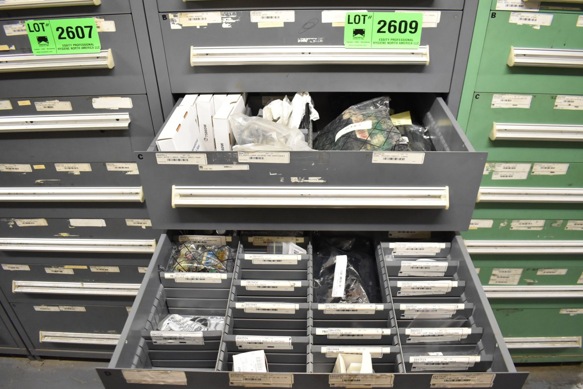 LOT/ CONTENTS OF CABINET - INCLUDING SENSOR COMPONENTS, PRINTED CIRCUIT BOARDS, GRINDING WHEELS,