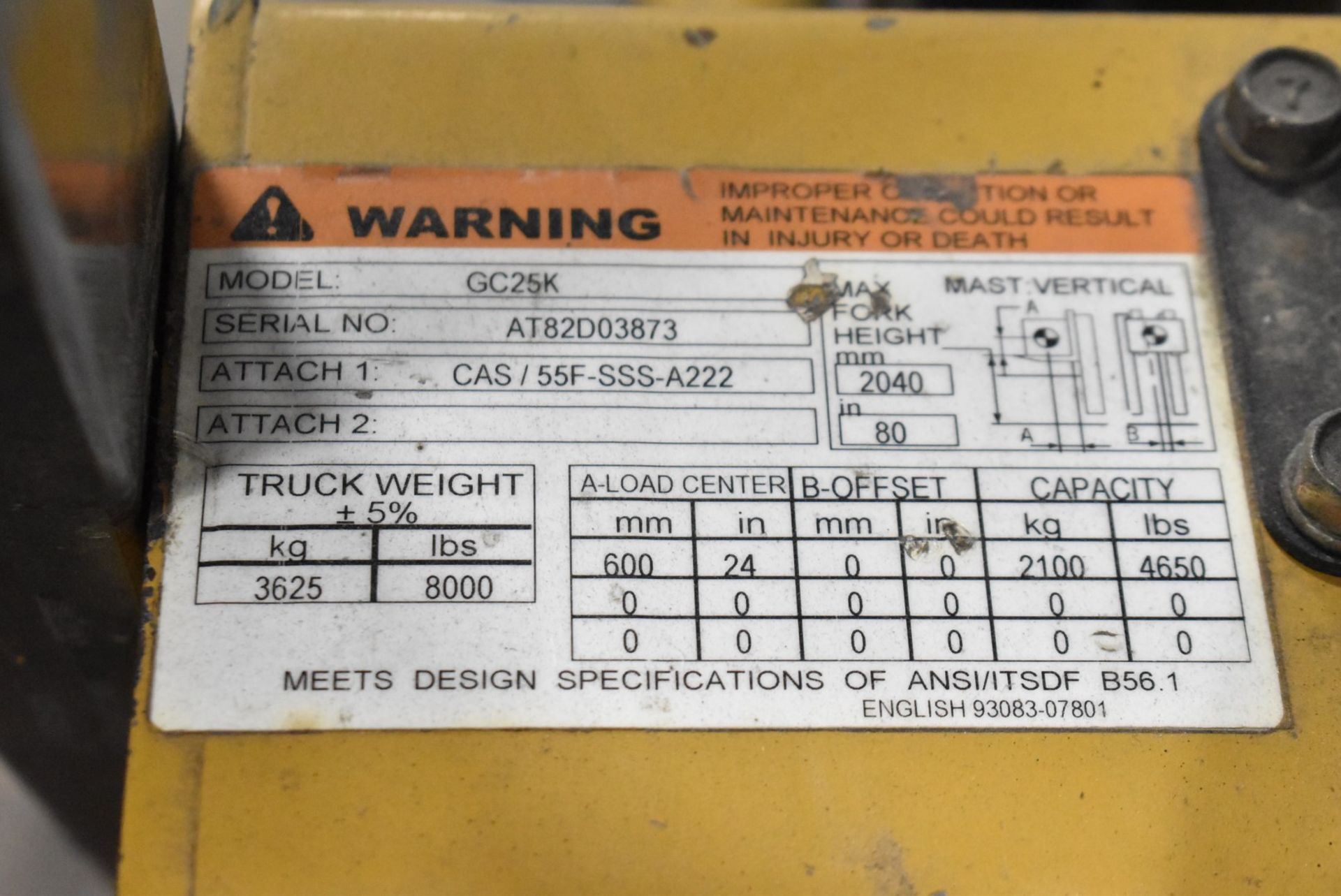 CATERPILLAR GC25 4,650 LBS. CAPACITY LPG LOW PROFILE FORKLIFT WITH 80" MAX VERTICAL REACH, 2-STAGE - Image 8 of 8