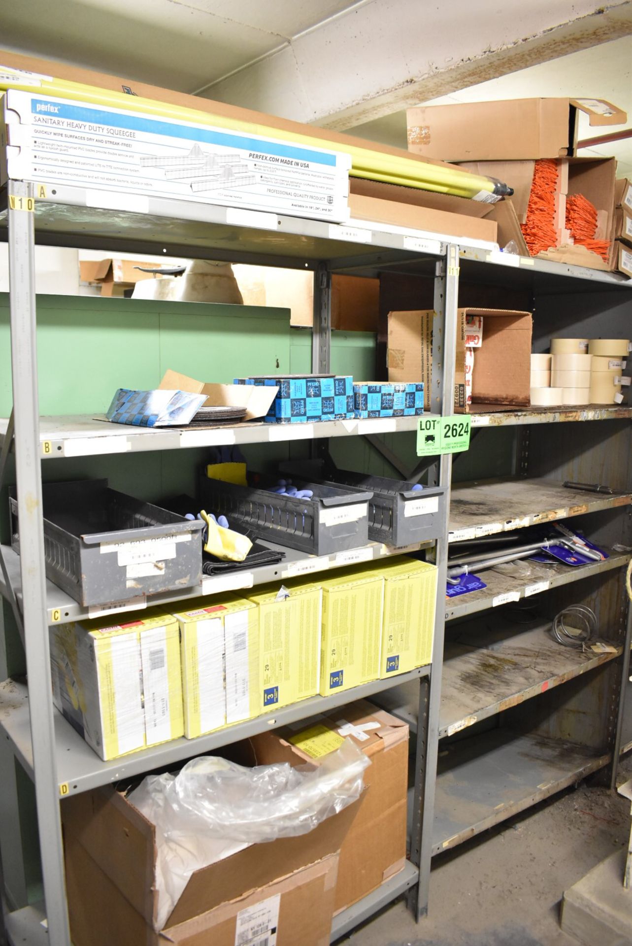 LOT/ SHOP SUPPLIES, CLEANING SUPPLIES, PPE WITH (3) SECTIONS OF ADJUSTABLE STEEL SHELVES [RIGGING