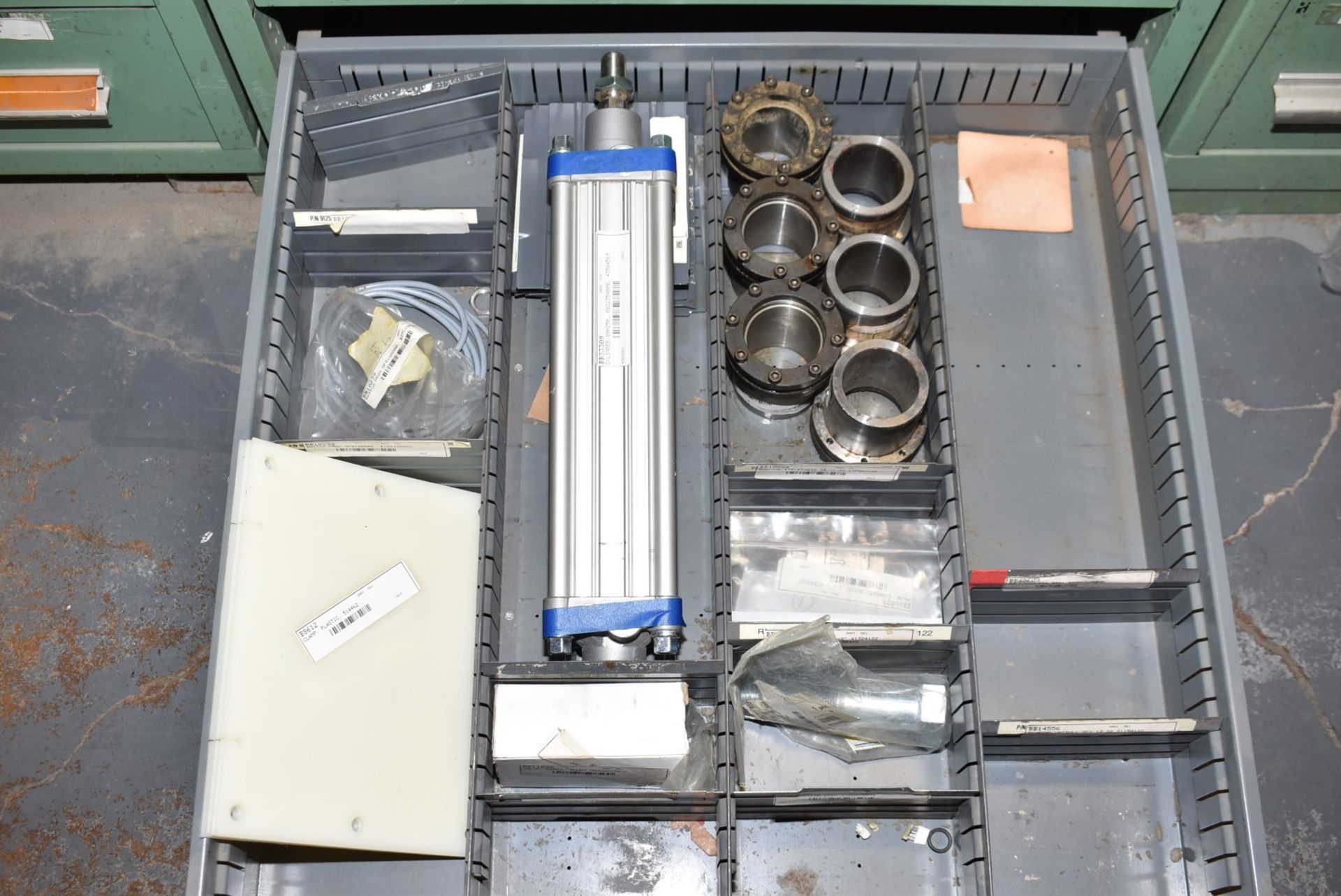 LOT/ CONTENTS OF CABINET - INCLUDING DISC LINING, O-RINGS, ELECTRICAL COMPONENTS, SPROCKETS, - Image 8 of 8
