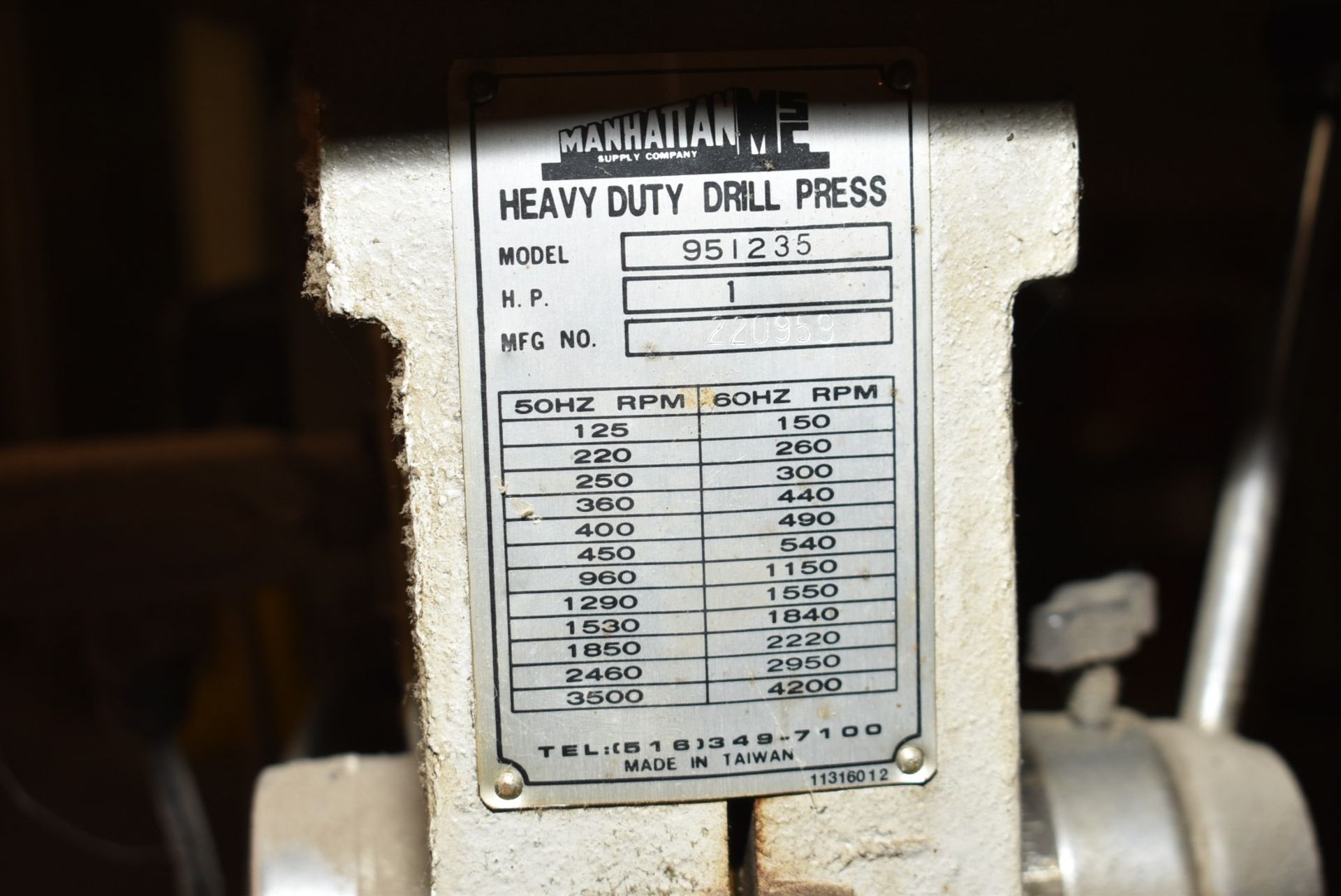 MANHATTAN MSC MODEL 95-235 HEAVY DUTY FLOOR TYPE DRILL PRESS WITH SPEEDS TO 4200 RPM, 1 HP DRIVE - Image 3 of 3