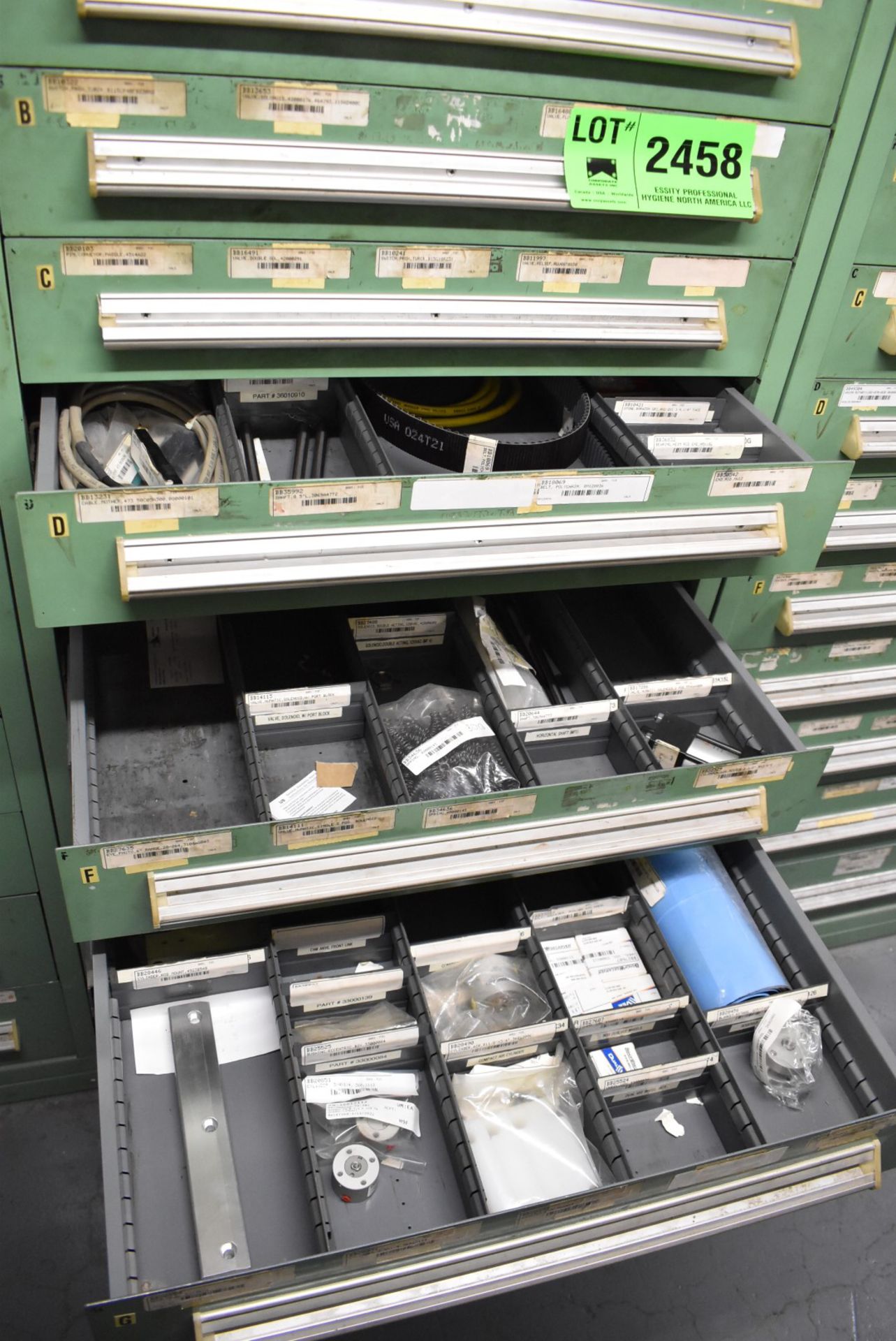 LOT/ CONTENTS OF CABINET - INCLUDING AUTOMATION COMPONENTS, BELTS, SPRINGS, AIR CYLINDERS, SPARE