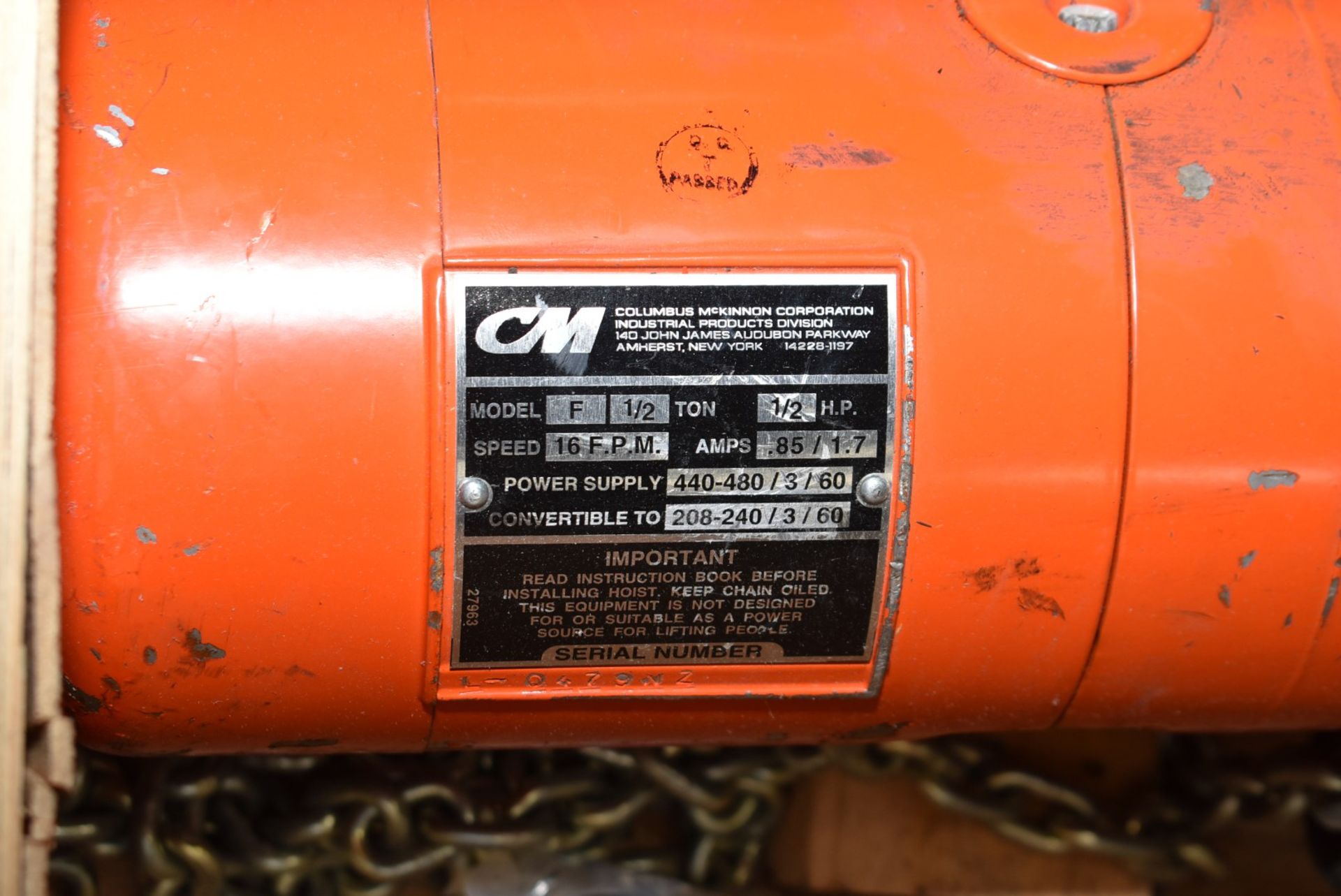 CM LODESTAR 1/2 TON CAPACITY ELECTRIC HOIST [RIGGING FEES FOR LOT #2280 - $25 USD PLUS APPLICABLE - Image 3 of 3