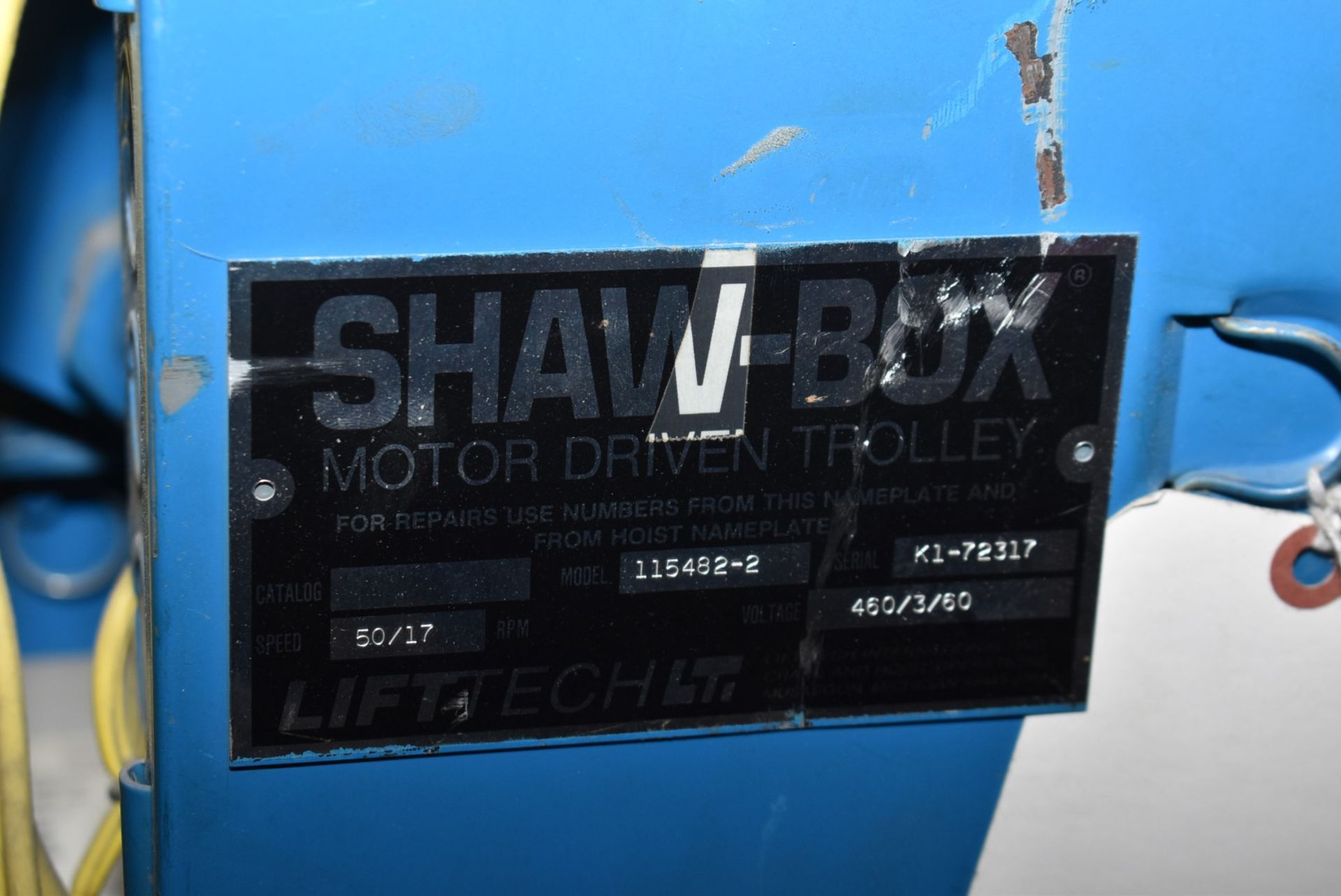 SHAW-BOX LIFTTECH 5 TON CAPACITY ELECTRIC HOIST WITH TROLLEY, PENDANT CONTROL, S/N: K1-72317 [ - Image 6 of 6