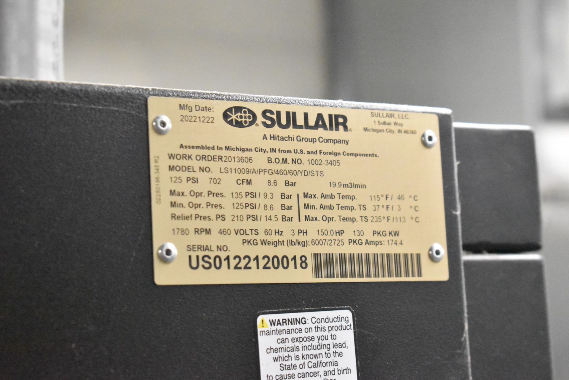 SULLAIR (2021) LS110 LS11009/A/PFG/460/60/YD/STS 150 HP ROTARY SCREW TYPE AIR COMPRESSOR WITH 702 - Image 12 of 12