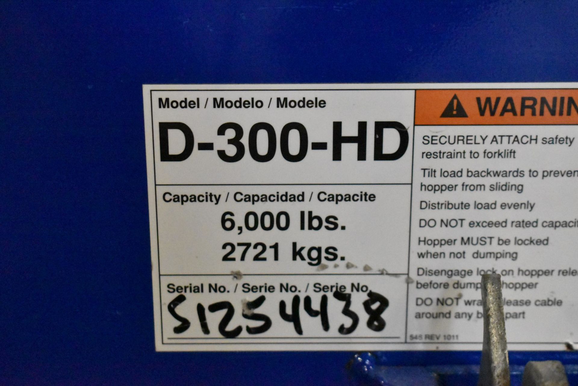 D-300-HD 6,000 LB. CAPACITY SELF DUMPING HOPPER [RIGGING FEES FOR LOT #2215 - $25 USD PLUS - Image 3 of 3