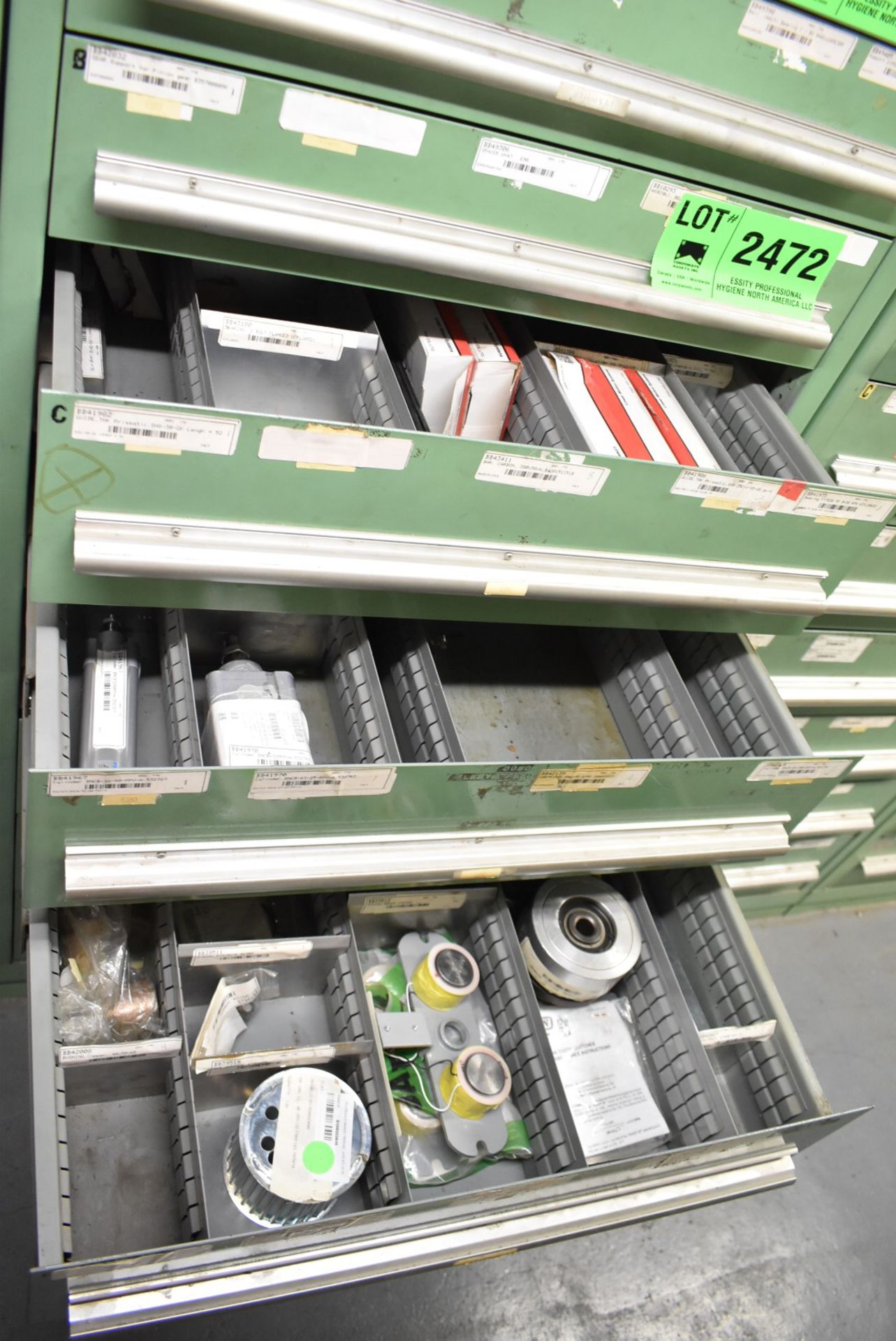 LOT/ CONTENTS OF CABINET - INCLUDING SPACERS, PRISMATIC SLIDER GUIDES, FESTO CYLINDERS, PULLEYS,