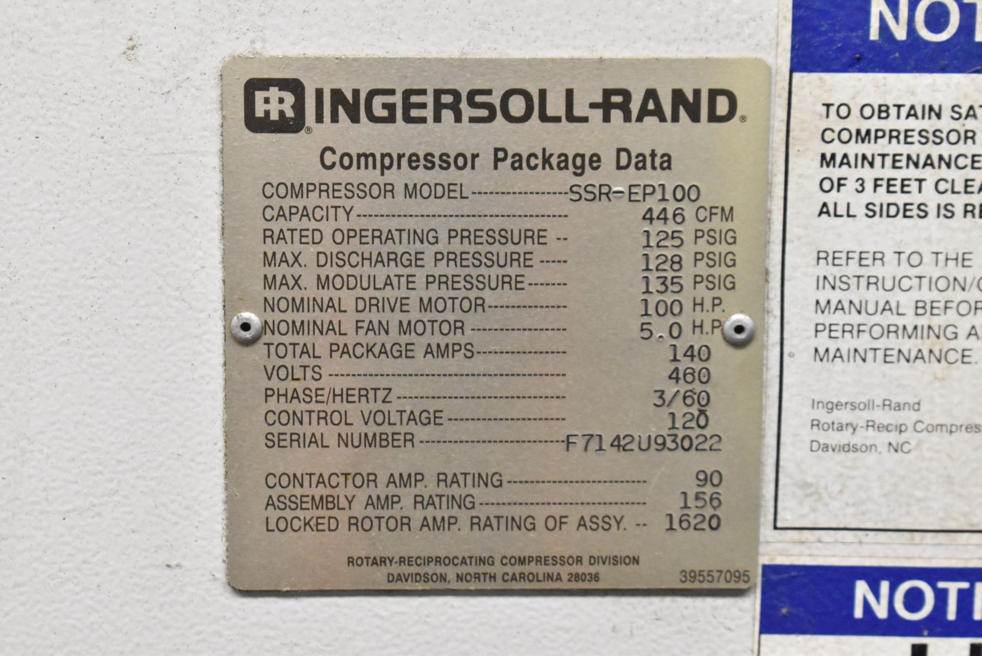 INGERSOLL RAND SSR-EP100 100 HP ROTARY SCREW TYPE AIR COMPRESSOR WITH 446 CFM @ 125 PSI CAPACITY, - Image 6 of 6