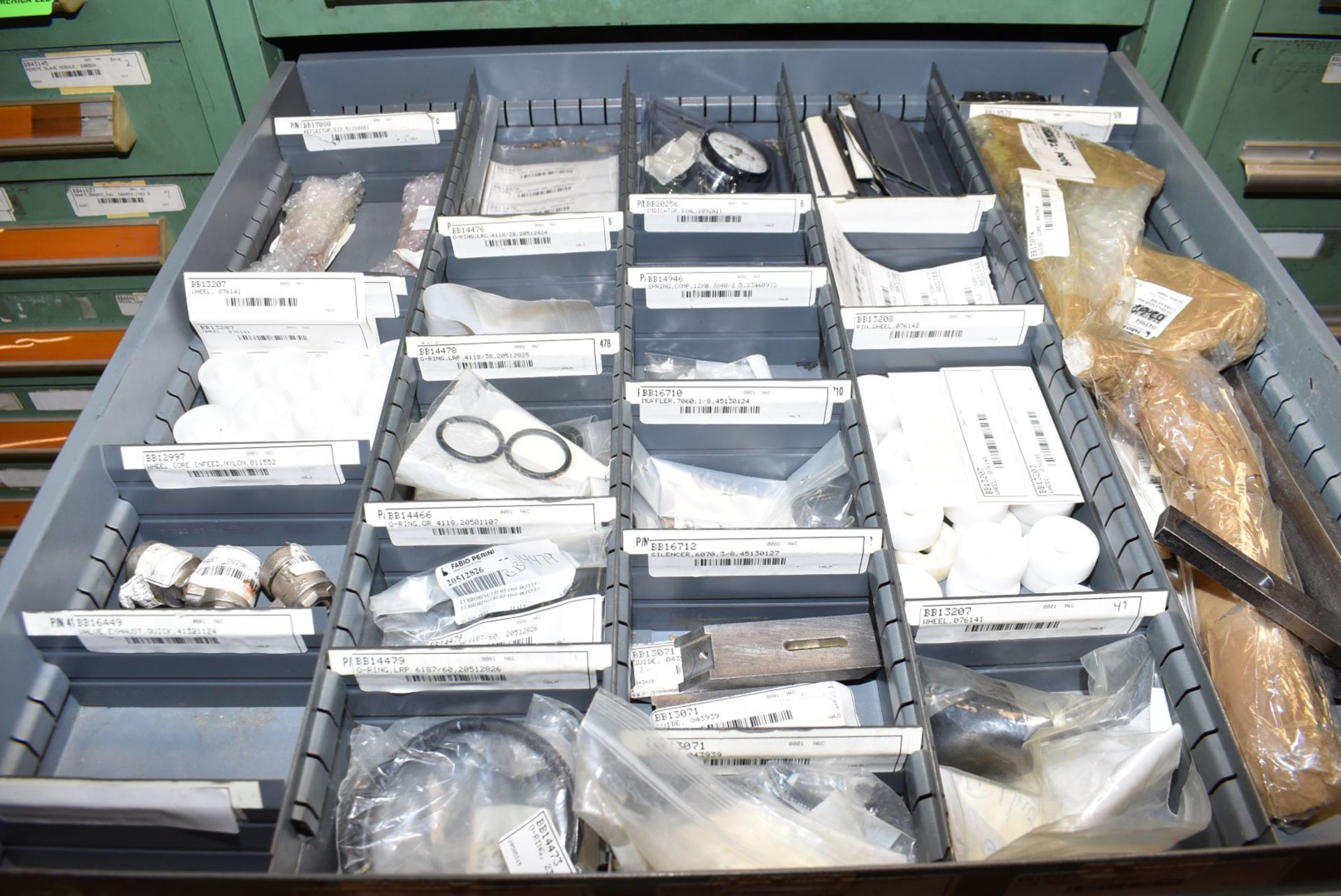 LOT/ CONTENTS OF CABINET - INCLUDING DISC LINING, O-RINGS, ELECTRICAL COMPONENTS, SPROCKETS, - Image 3 of 8