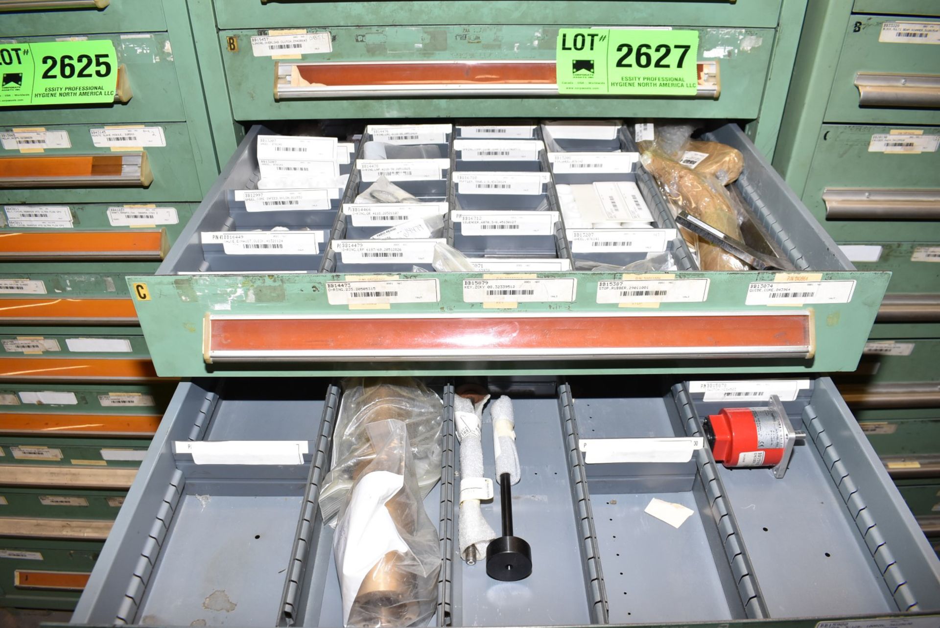 LOT/ CONTENTS OF CABINET - INCLUDING DISC LINING, O-RINGS, ELECTRICAL COMPONENTS, SPROCKETS,