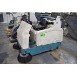 TENNANT 6200 ELECTRIC RIDE-ON FLOOR SWEEPER WITH CHARGER, APPROX. 112.5 HOURS RECORDED ON METER AT