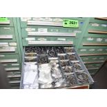 LOT/ CONTENTS OF CABINET - INCLUDING KEY STOCK, HARDWARE, U-BOLTS, ANCHOR BOLTS, FITTINGS, SPARE